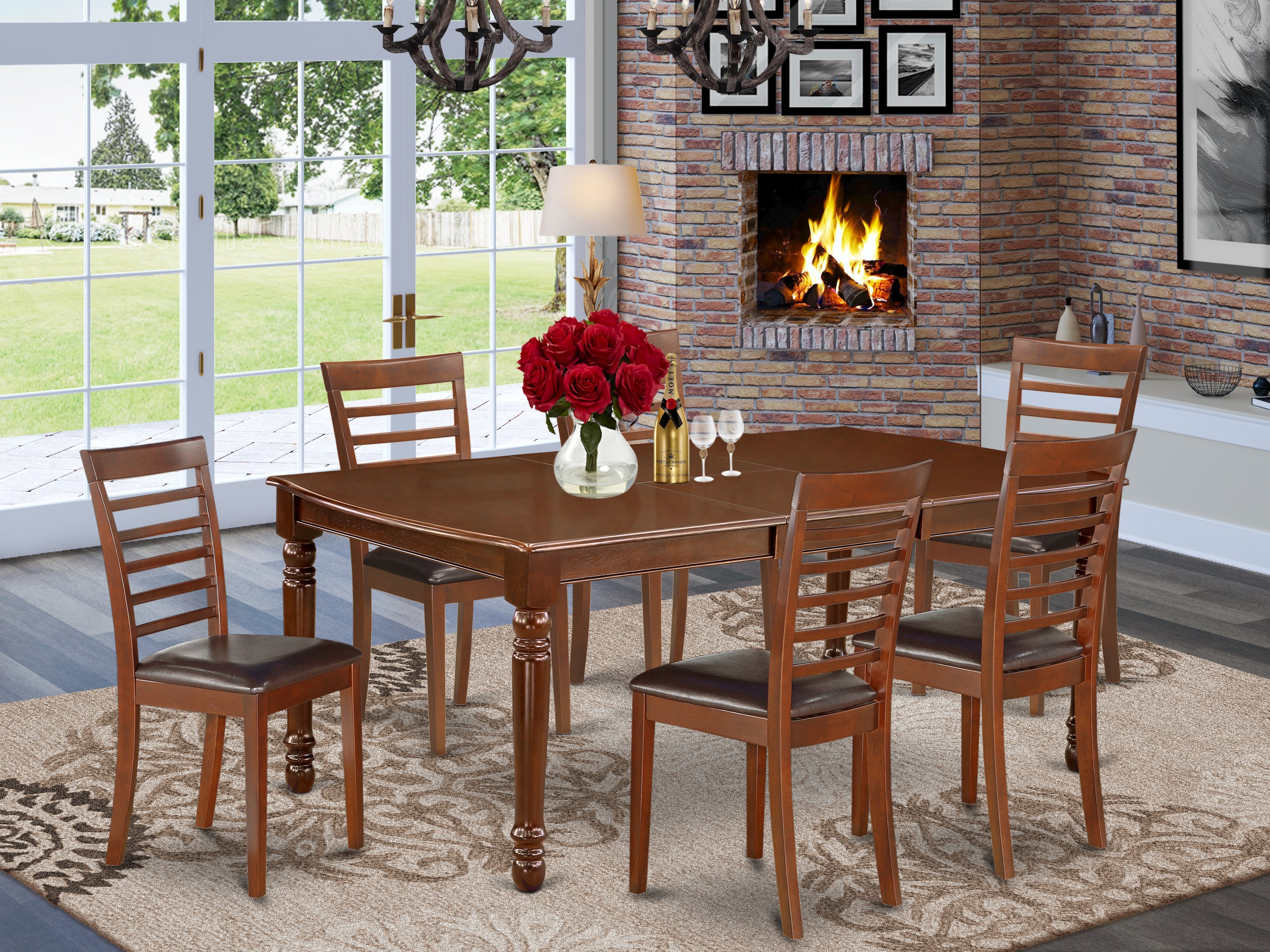 DOML7-MAH-LC 7Pc Rectangular 60/78 Inch Dining Room Table With 18 In Leaf And 6 Kitchen Faux Leather Seat Chairs