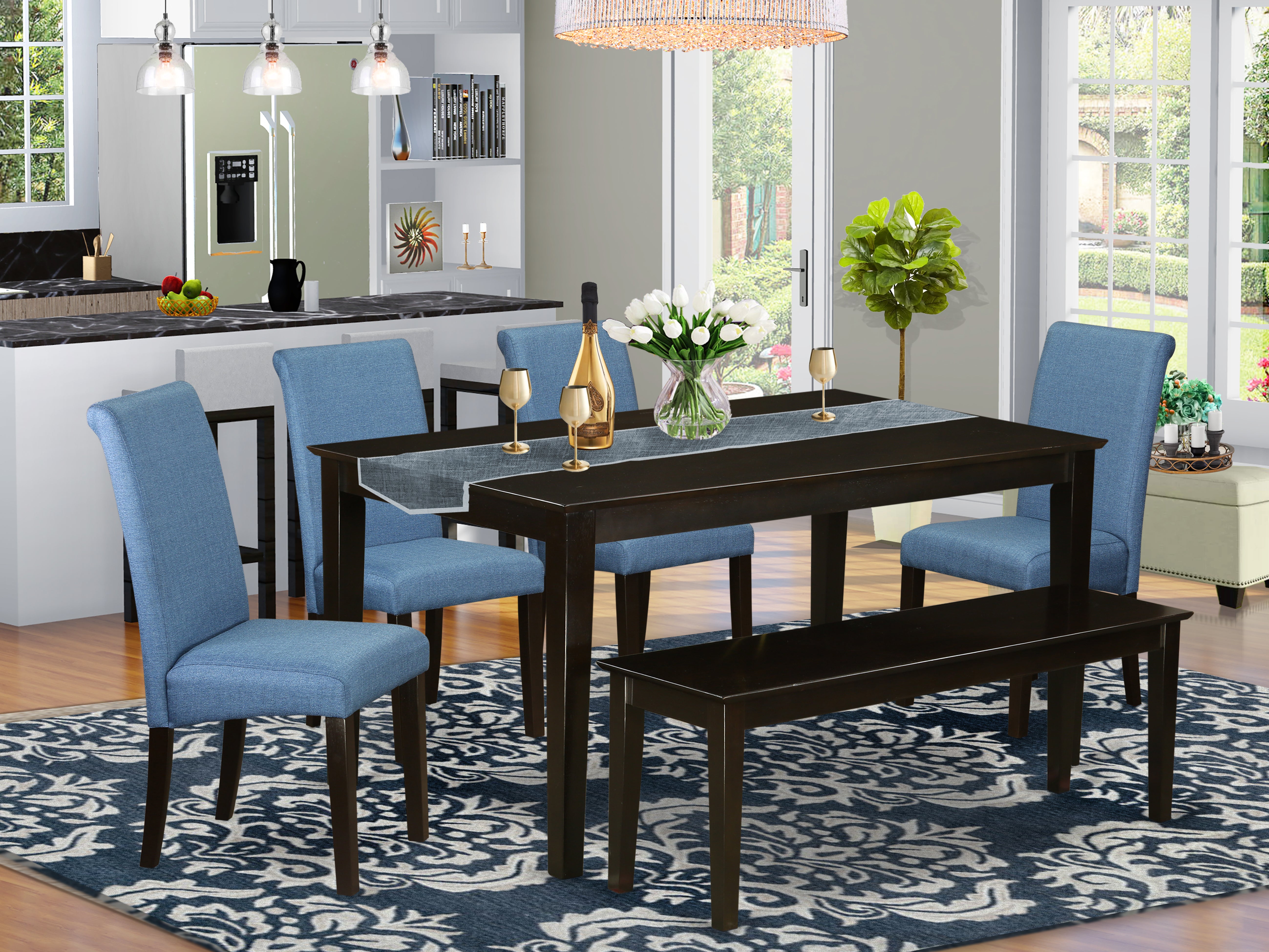 CABA6-CAP-21 6Pc Dining table with linen Blue fabric kitchen chairs plus one bench