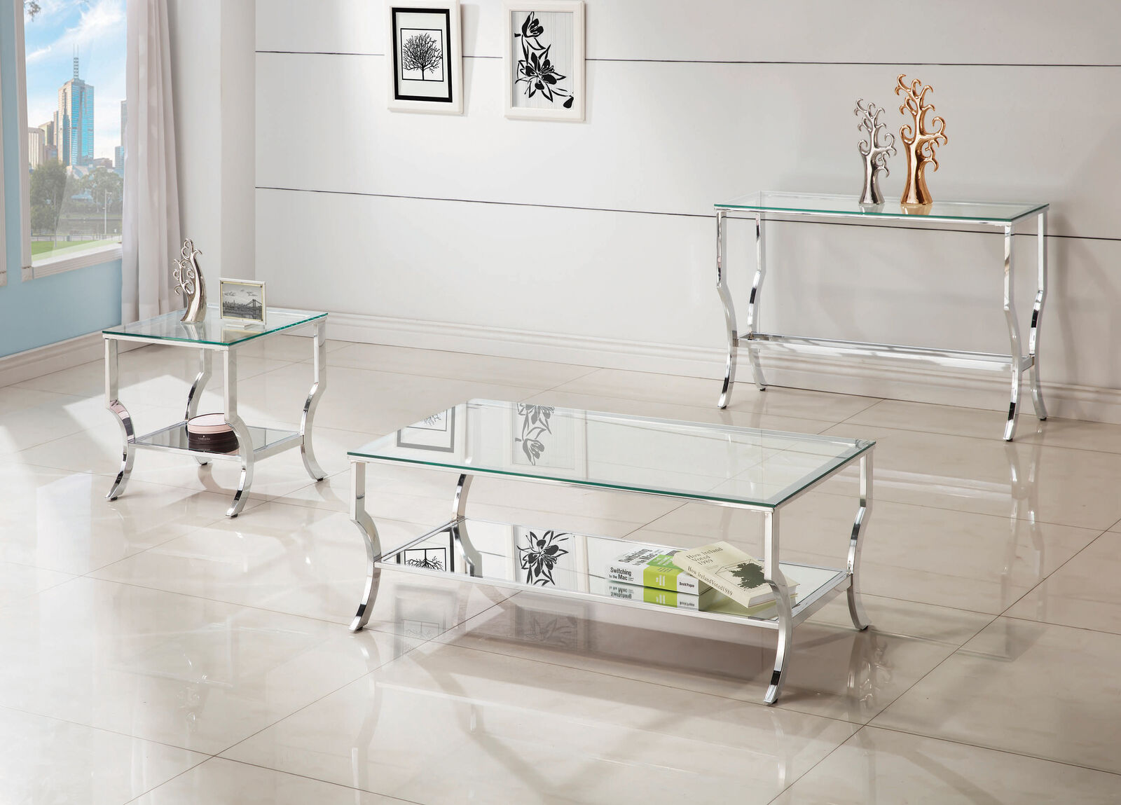 Coaster Modern Rectangular Sofa Table With Mirrored Shelf Chrome 720339