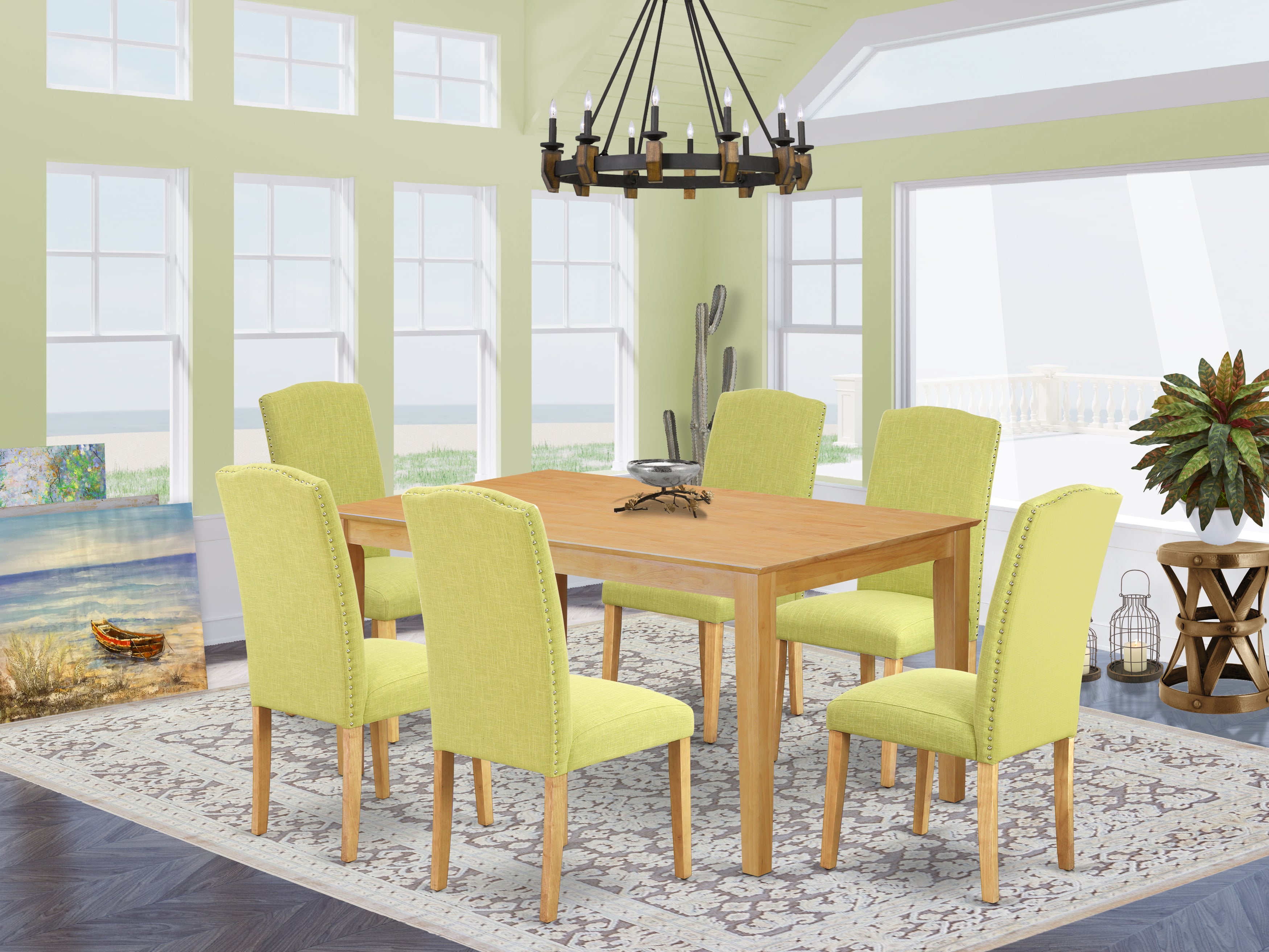 CAEN7-OAK-07 7Pc Rectangle 60" Dining Table And 6 Parson Chair With Oak Leg And Linen Fabric Limelight