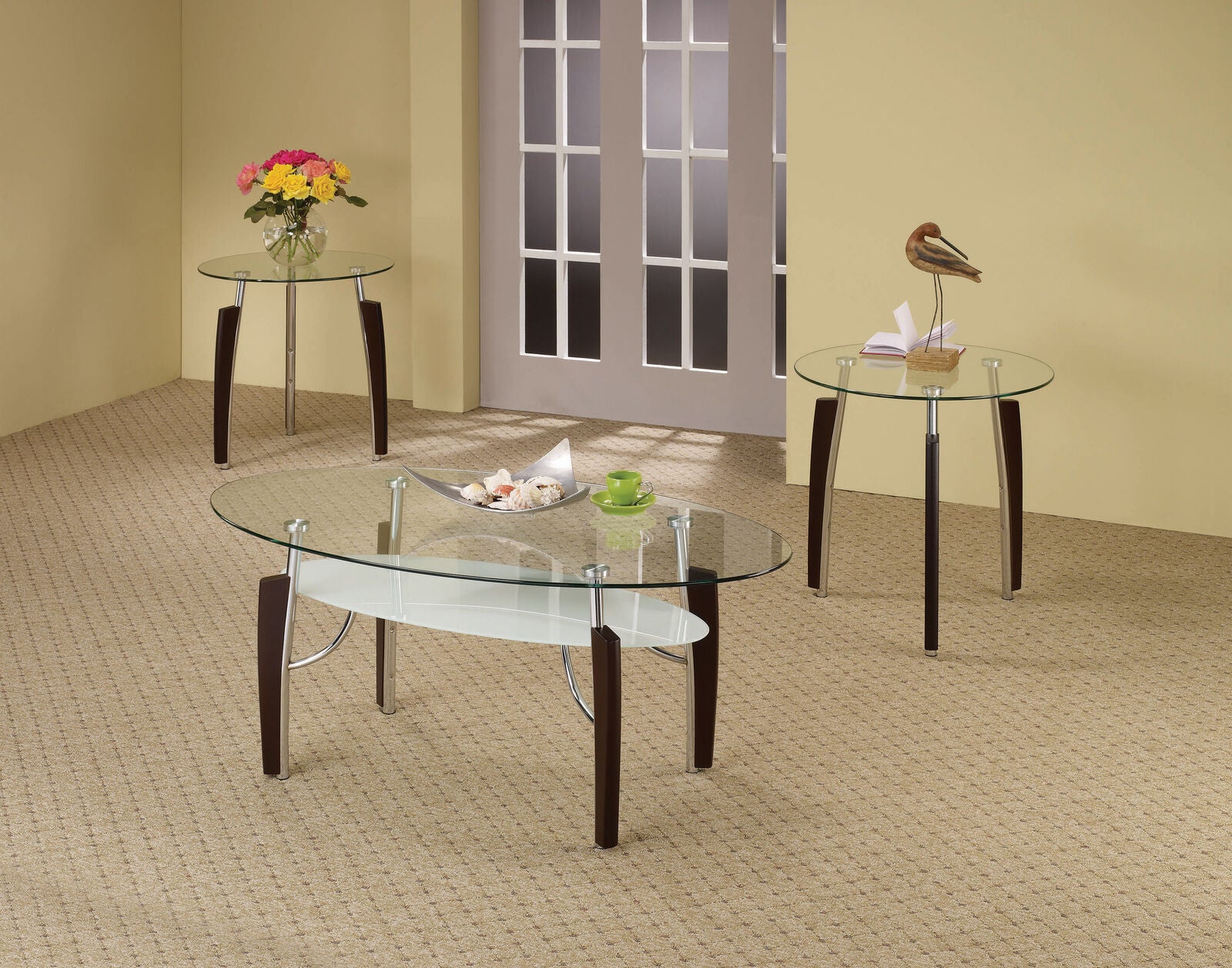 Contemporary 3-Piece Occasional Table Set Cappuccino And Chrome