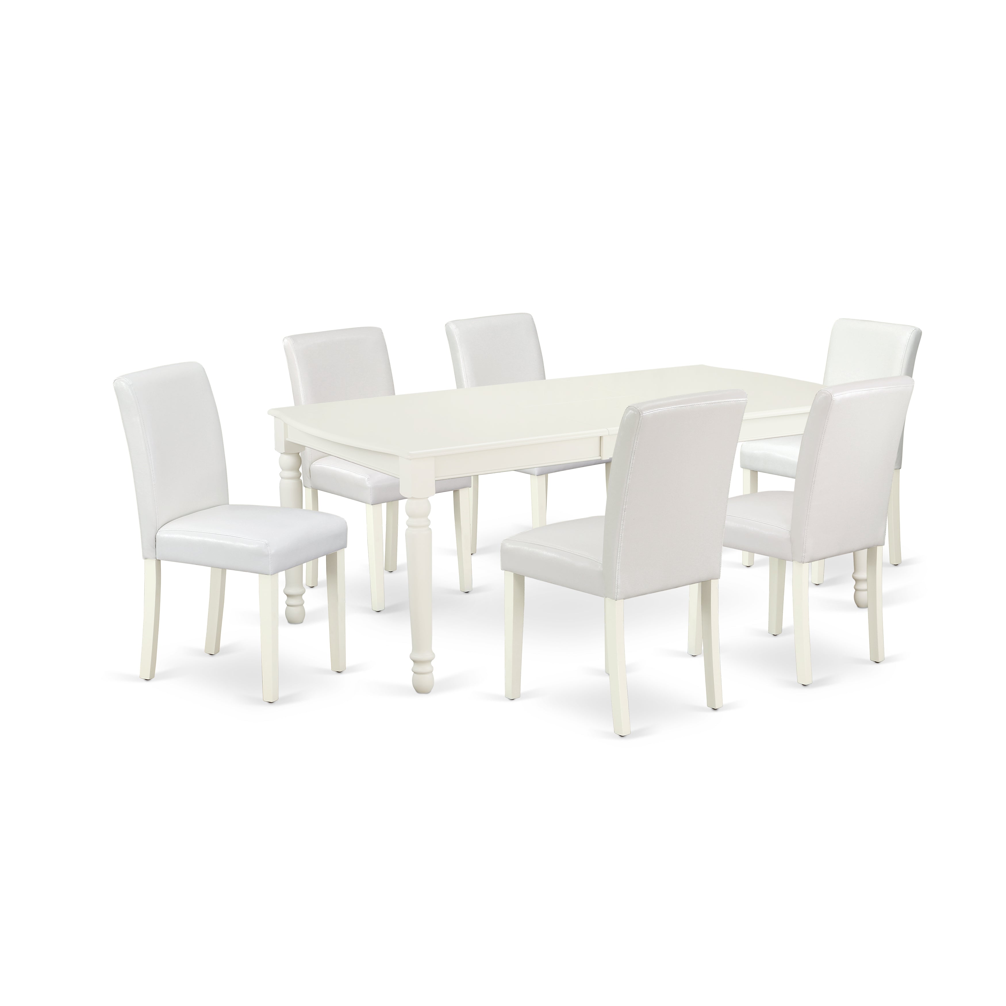 DOAB7-LWH-64 7Pc Rectangle 60/78 Inch Table With 18 In Leaf And 6 Parson Chair With Linen White Leg And Pu Leather Color White