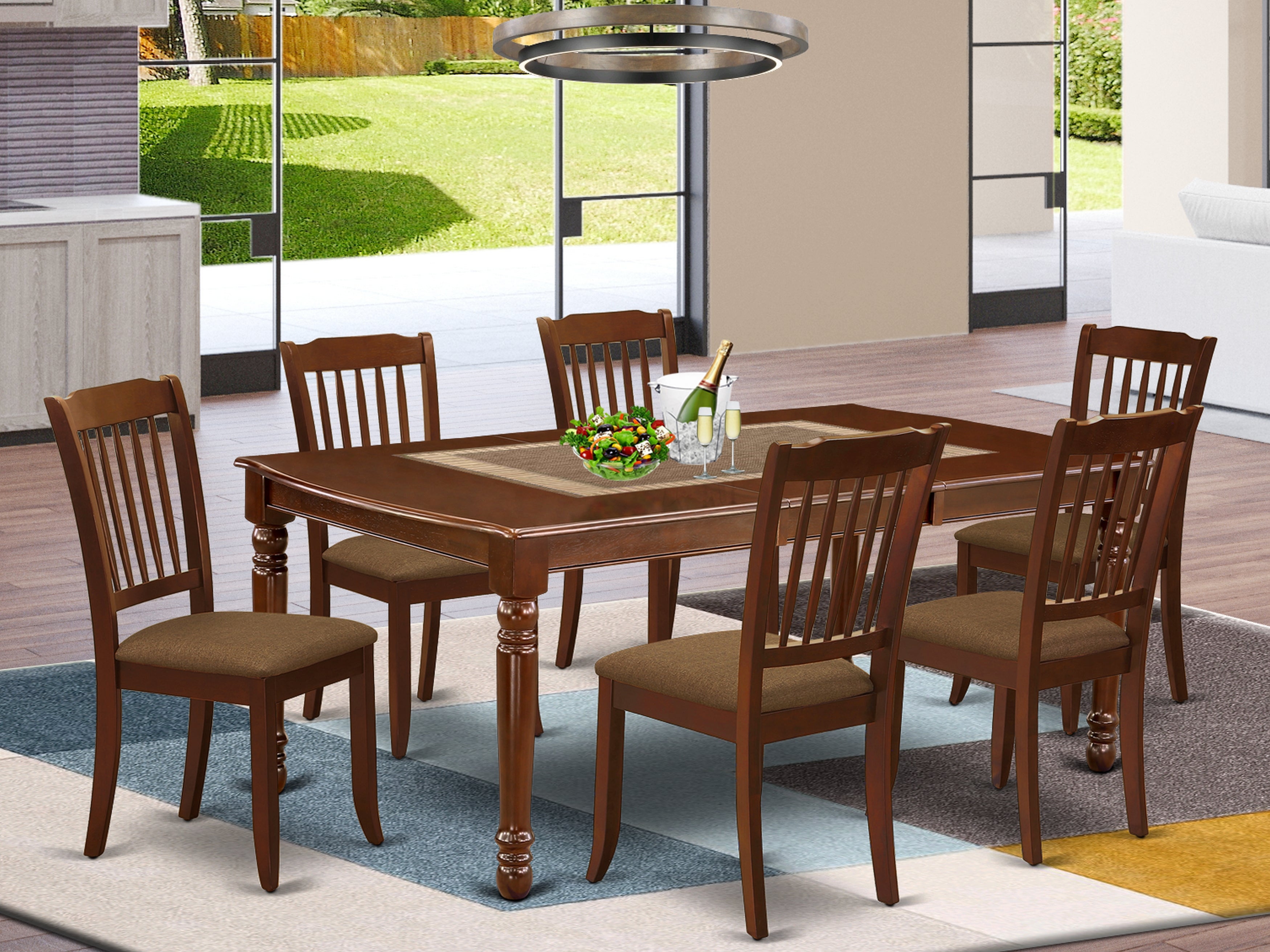 DODA7-MAH-C 7Pc Dinette Set Includes a Rectangular Kitchen Table with Butterfly Leaf and Six Vertical Slatted Microfiber Seat Dining Chairs, Mahogany Finish