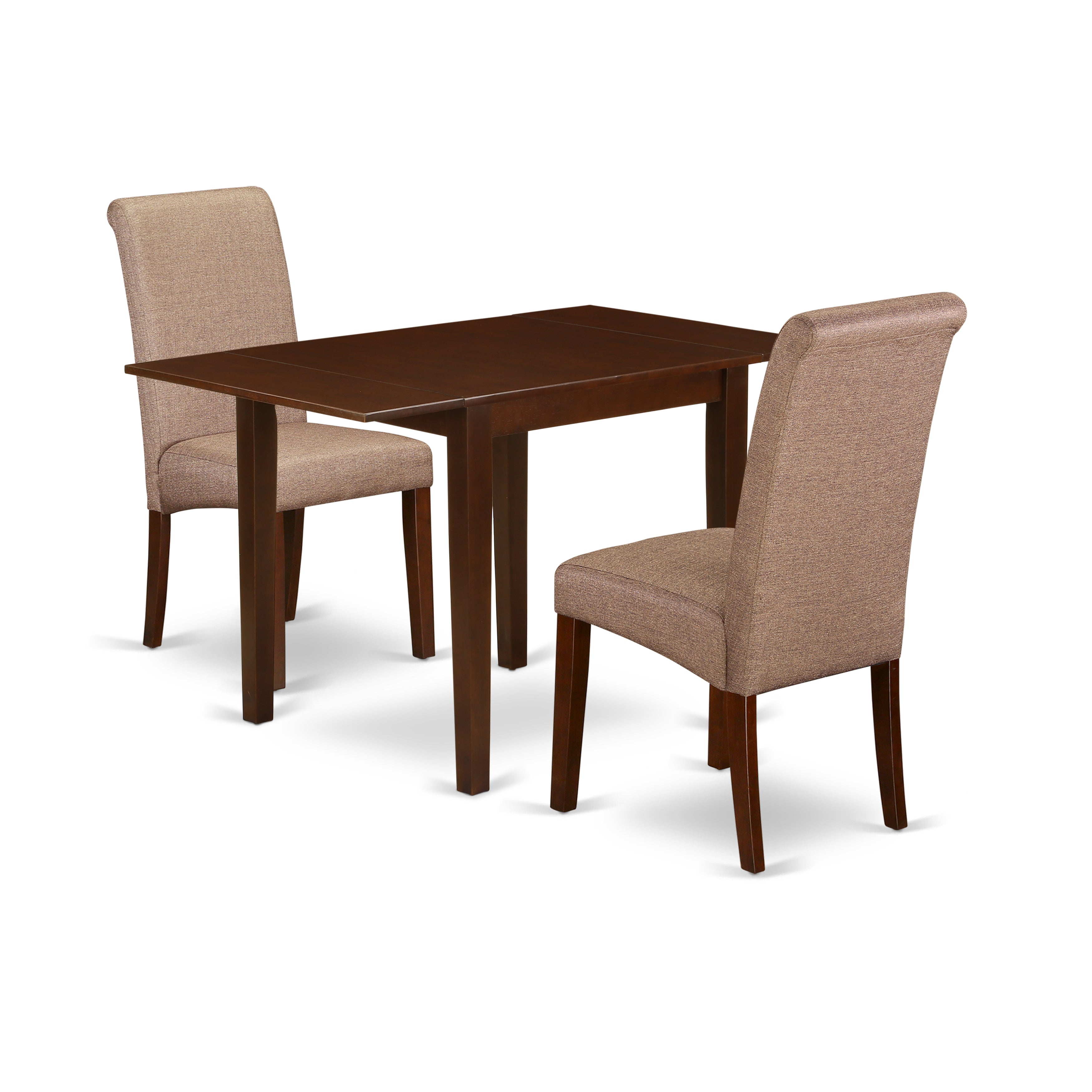 East West Furniture NDBA3-MAH-18 Dining Room Table Set 3 Pc - Two Dining Chairs and a Dining Room Table - Mahogany Finish Solid wood - Brown Color Linen Fabric