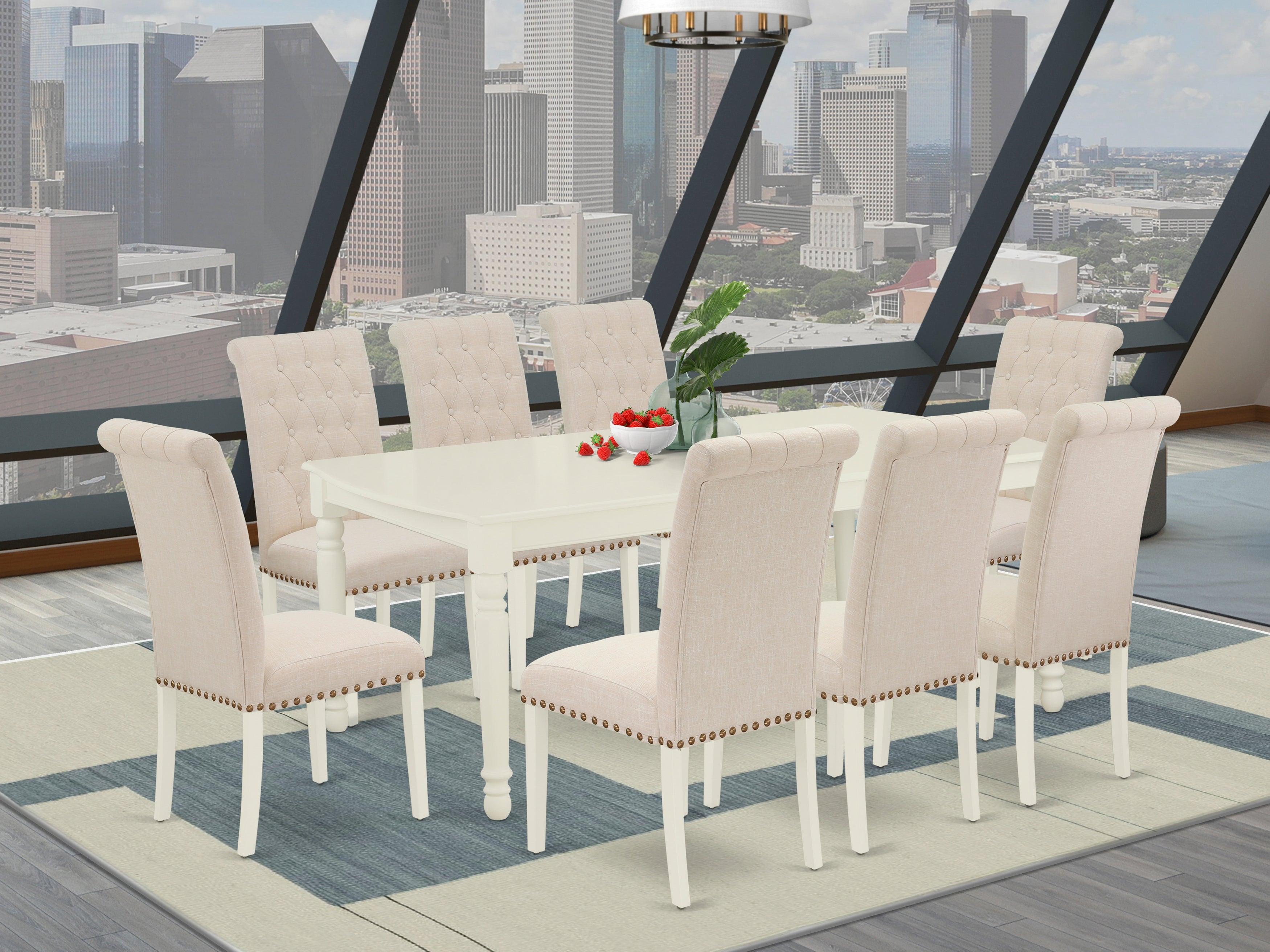 DOBR9-LWH-02 9Pc Dining Set Includes a Rectangle Dinette Table with Butterfly Leaf and Eight Parson Chairs with Light Beige Fabric, Linen White Finish