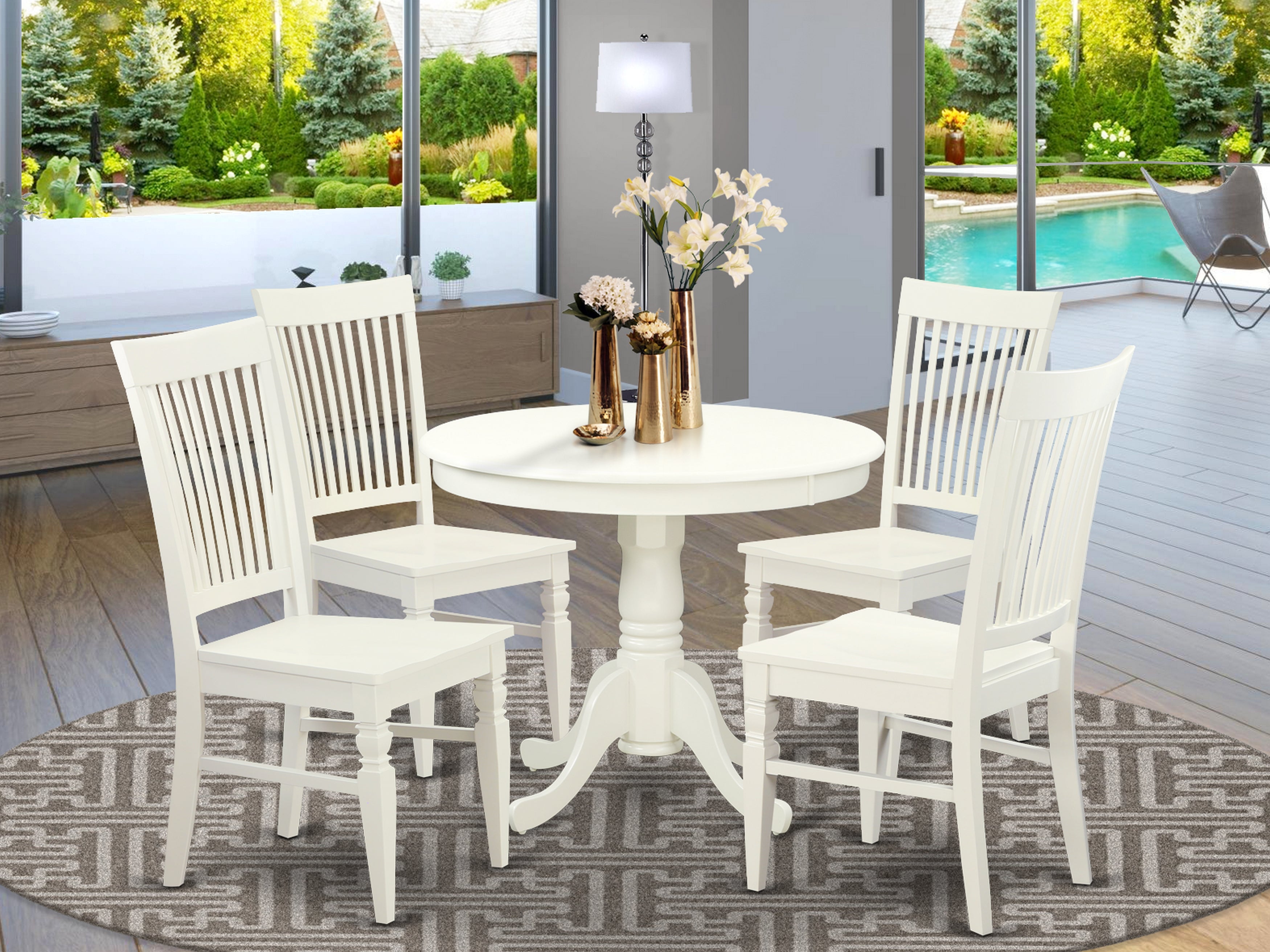 ANWE5-LWH-W 5 Pc set with a Table and 4 Wood Dinette Chairs in Linen White.