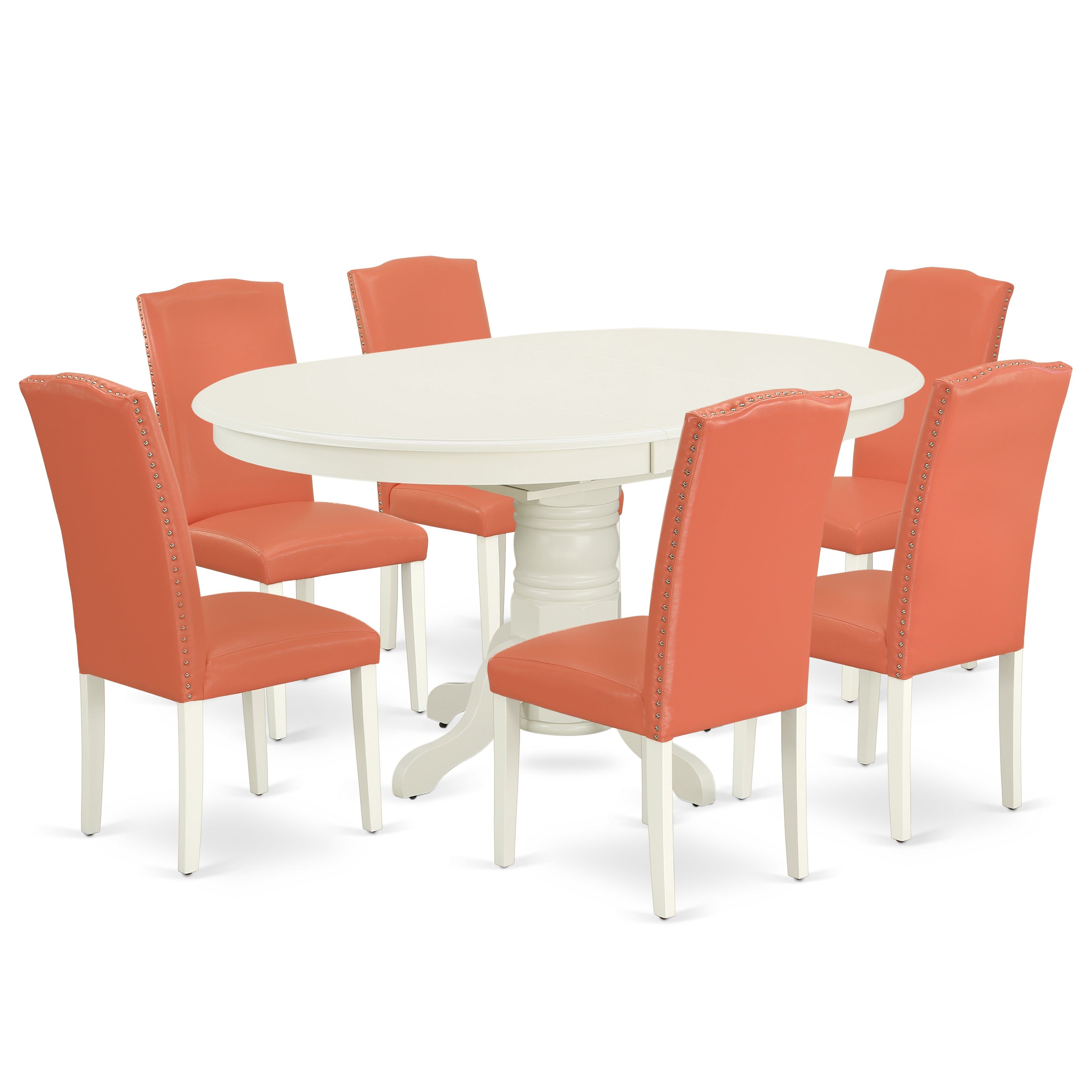 AVEN7-LWH-78 7Pc Oval 42/60" Dinette Table With 18 In Butterfly Leaf And 6 Parson Chair With Linen White Leg And Pu Leather Color Pink Flamingo