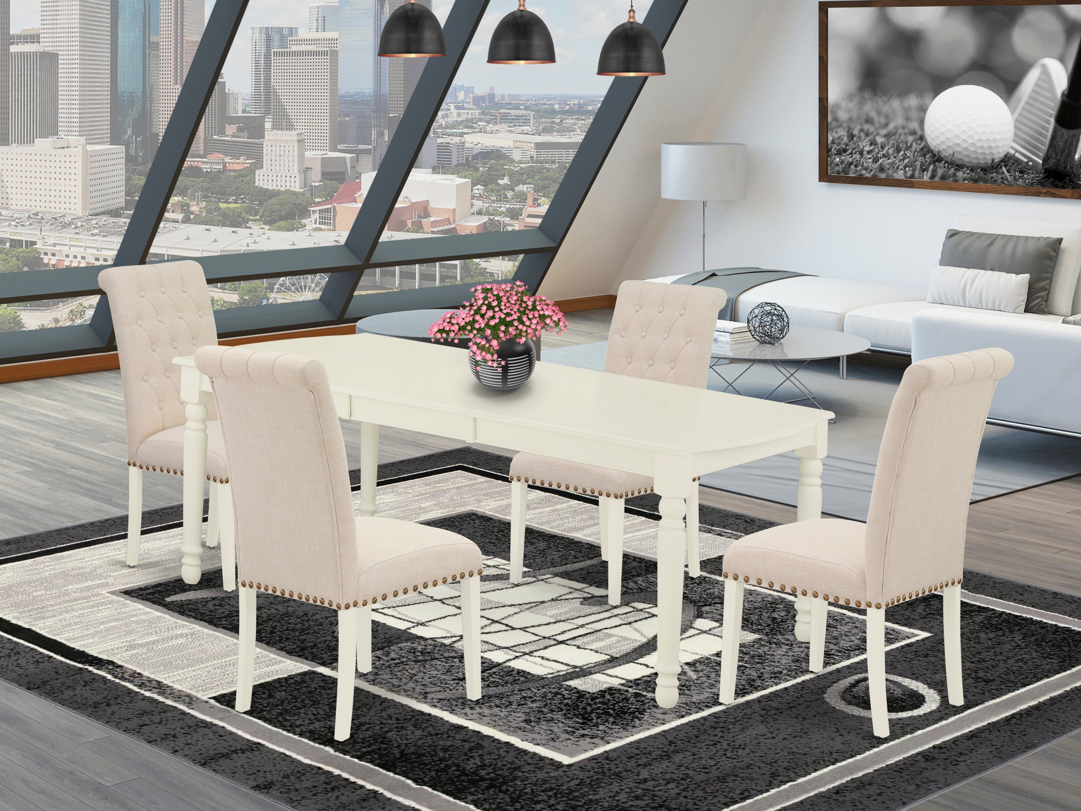 DOBR5-LWH-02 5Pc Dining Set Includes a Rectangle Dinette Table with Butterfly Leaf and Four Parson Chairs with Light Beige Fabric, Linen White Finish