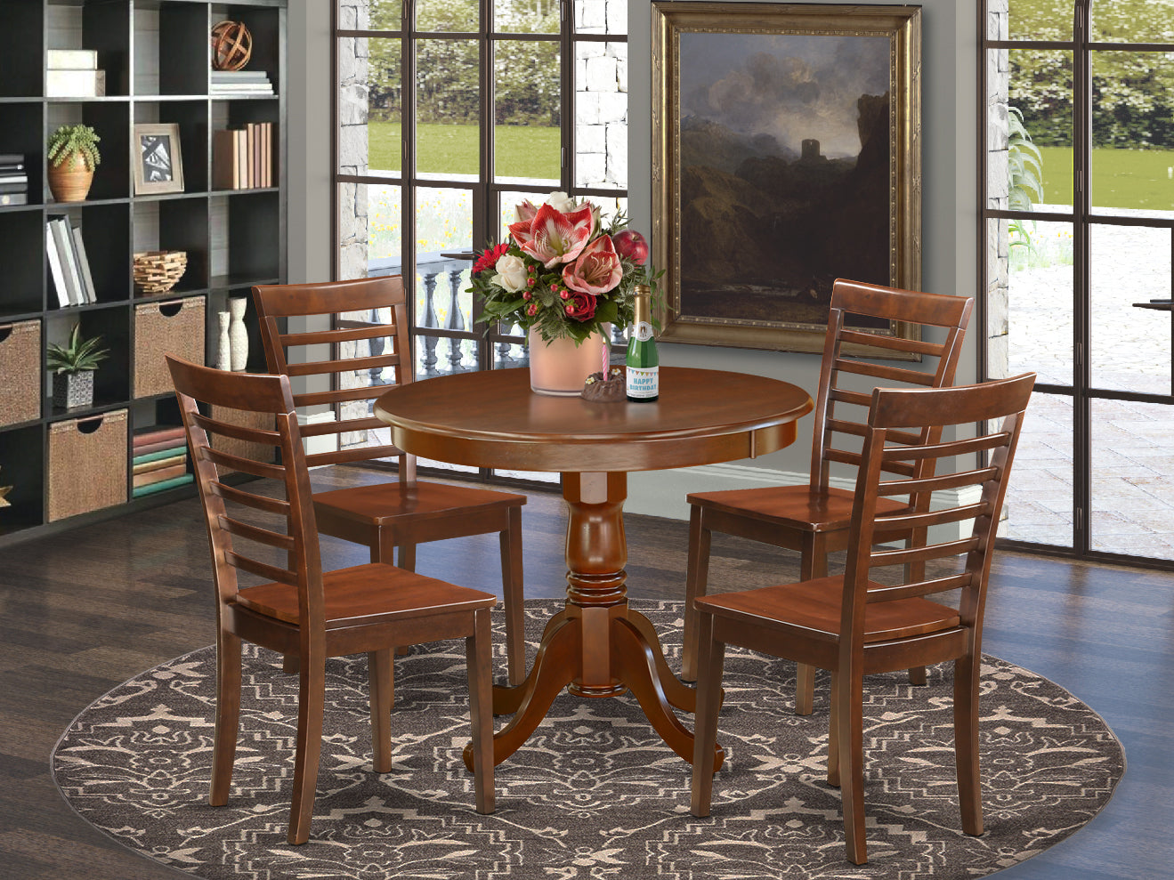 ANML5-MAH-W 5Pc Round 36 Inch Family Table And Four Wood Seat Chairs