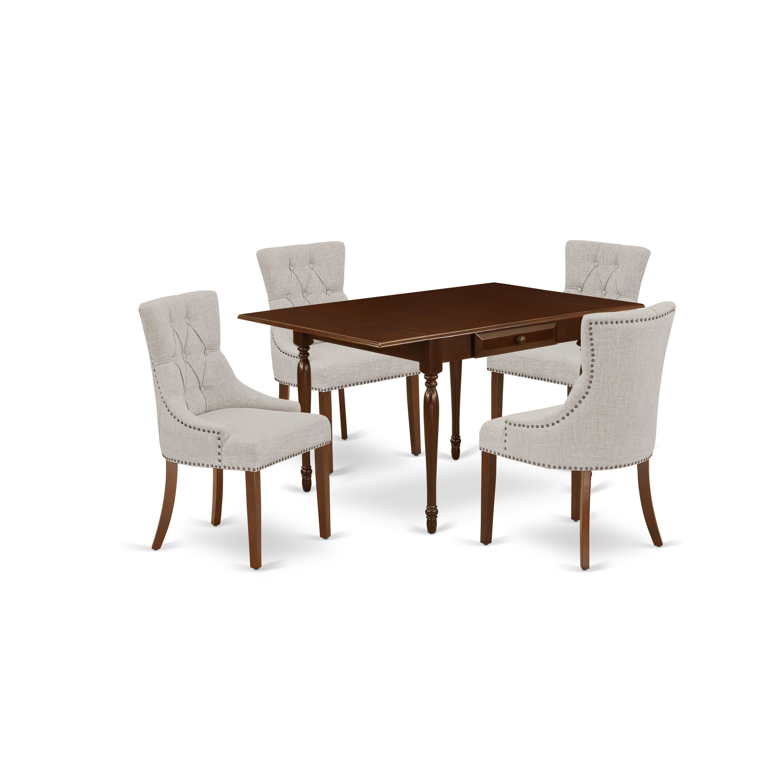 East West Furniture MZFR5-MAH-05 5Pc Kitchen Set Contains a Rectangle Table and 4 Parsons Dining Room Chairs with Doeskin Color Linen Fabric, Drop Leaf Table with Full Back Chairs, Mahogany Finish