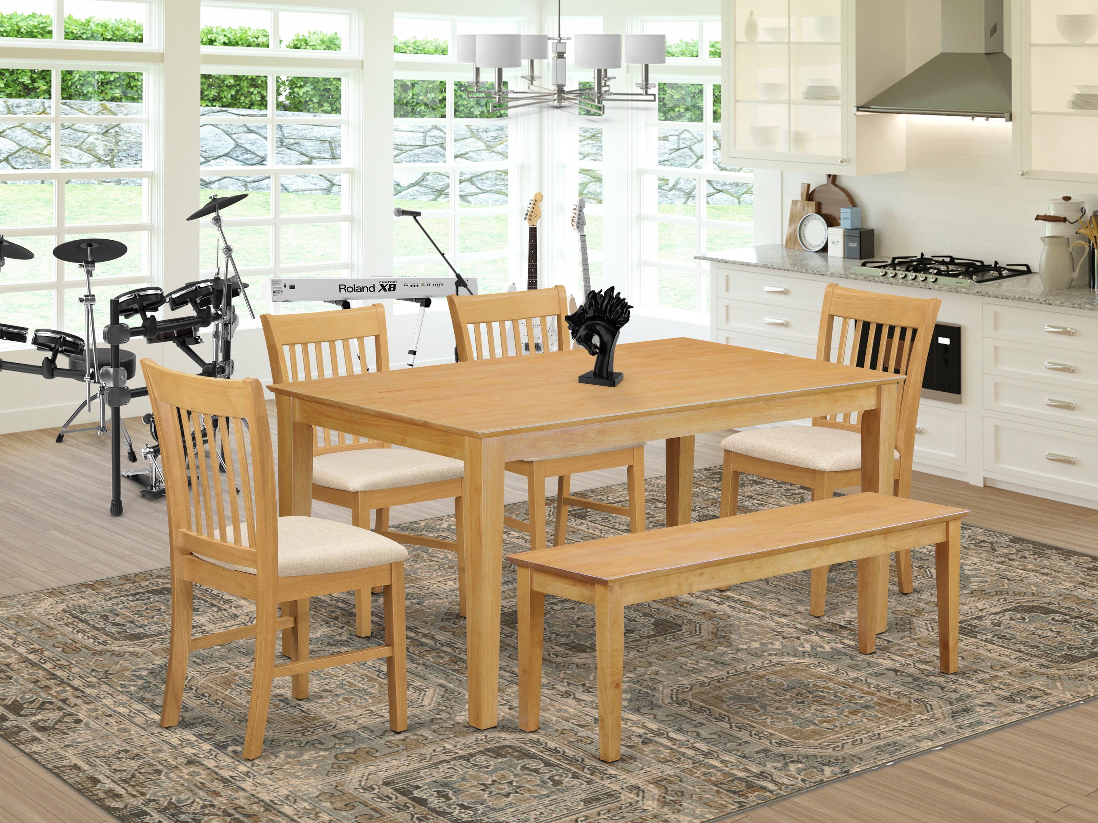 CANO6-OAK-C 6-Pc Dinette set - Dinette Table and 4 Dining Chairs coupled with Wooden bench