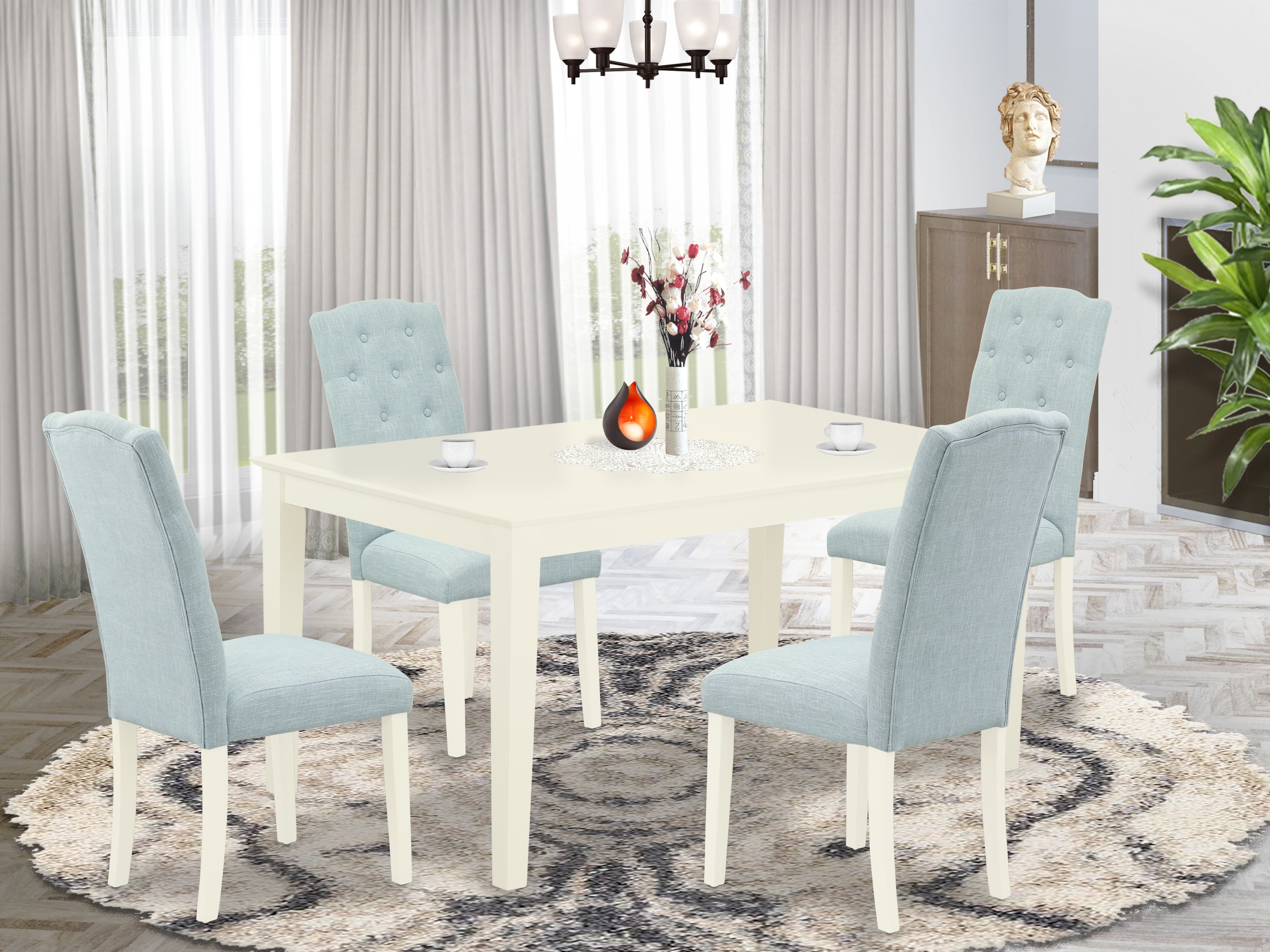 CACE5-LWH-15 5Pc Dining Set Includes a Rectangle Dinette Table and Four Parson Chairs with Baby Blue Fabric, Linen White Finish