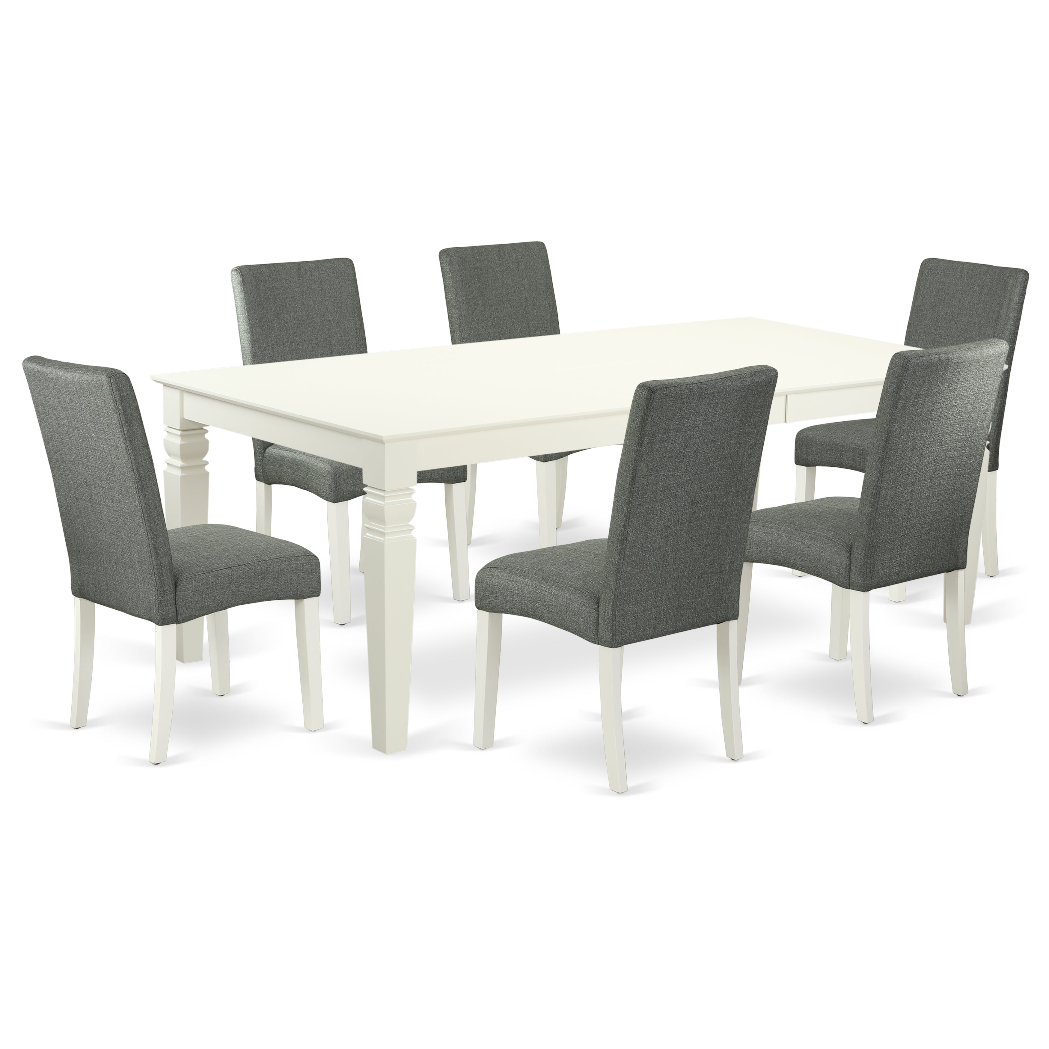LGDR7-LWH-07 7Pc Rectangle 66/84" Kitchen Table With 18 In Self Storing Butterfly Leaf And Six Parson Chair With Linen White Finish Leg And Linen Fabric- Gray Color