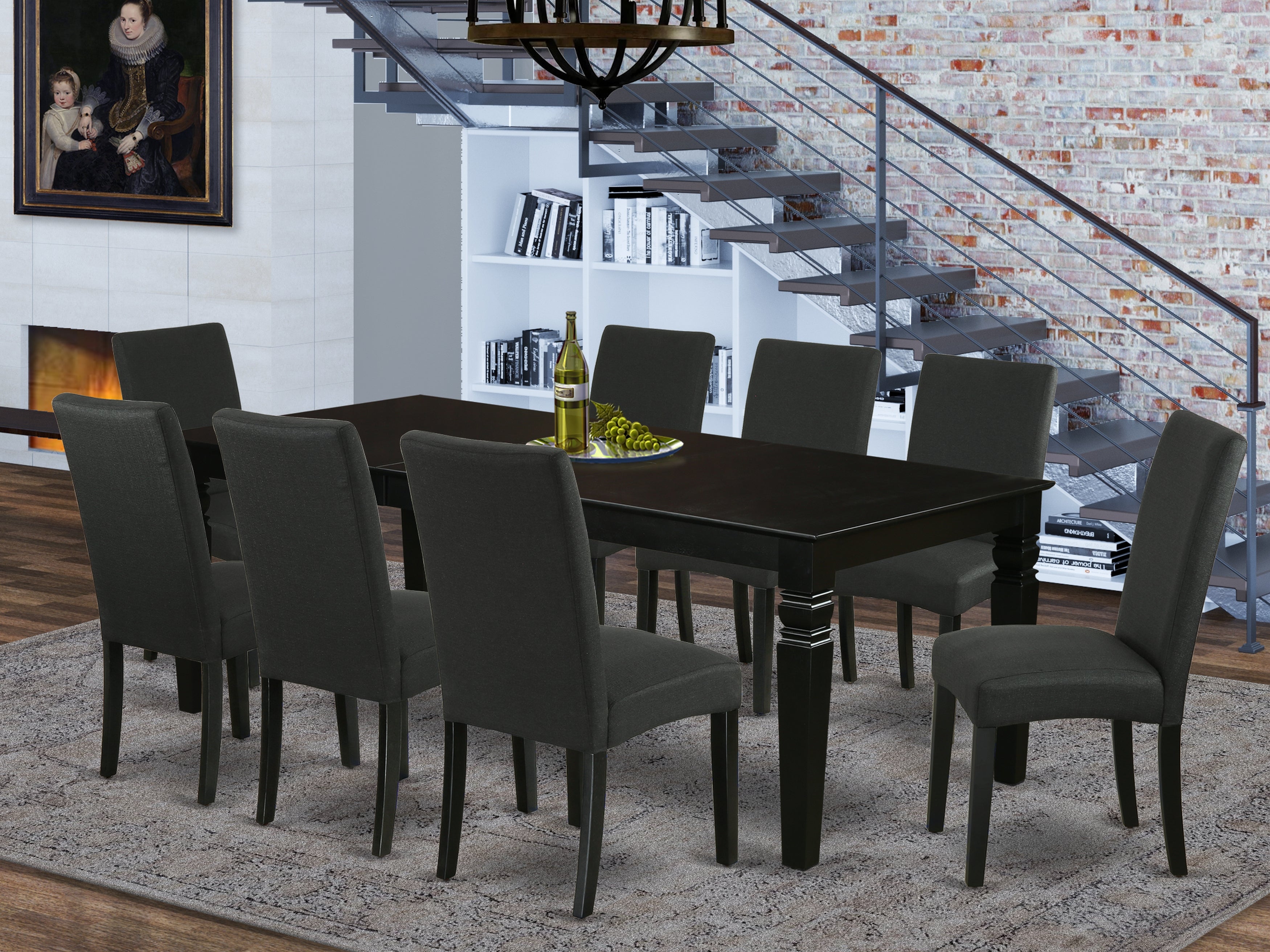 Logan 9 PC 84" Traditional Dining room Table With Leaf And Parson Chairs Set in Black