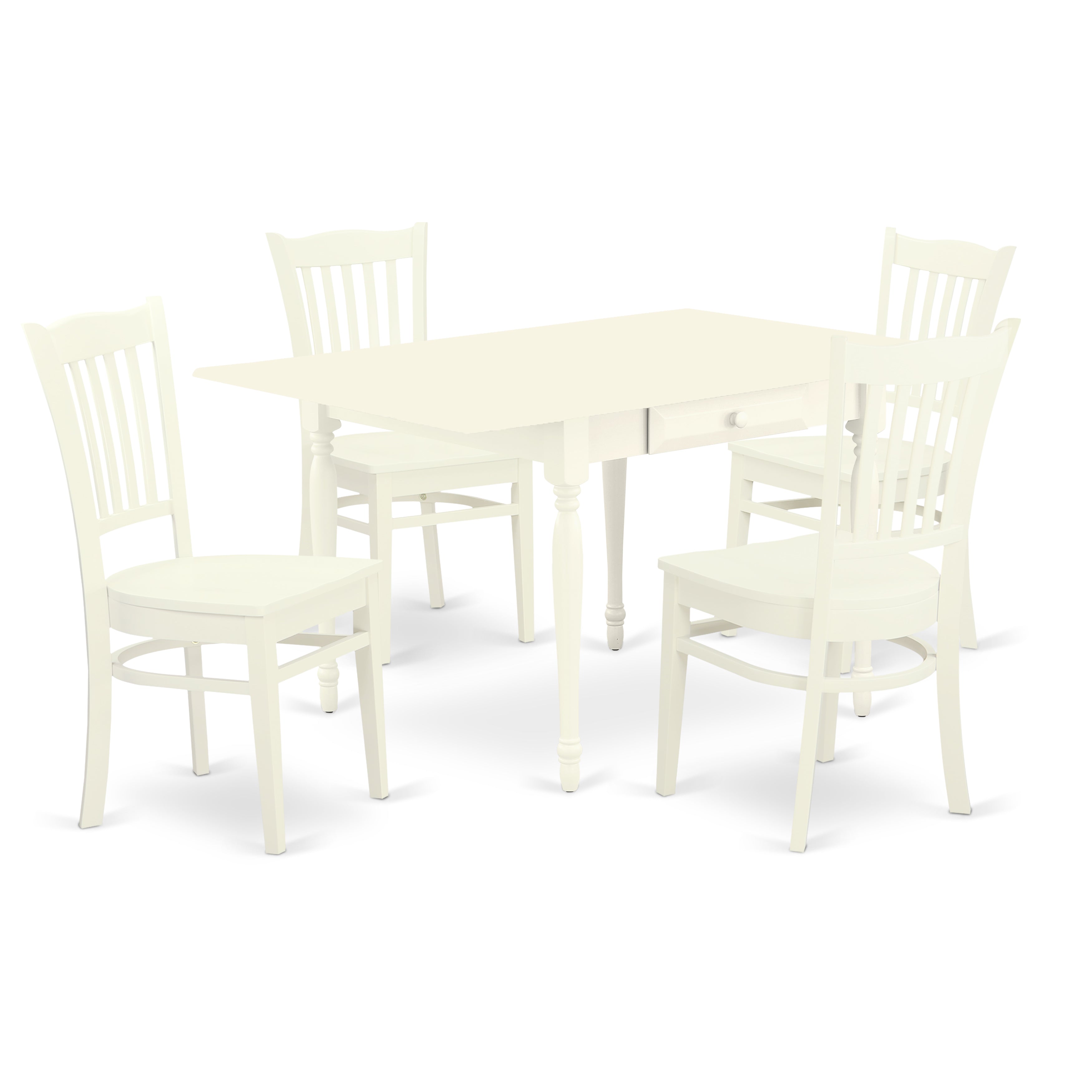 East West Furniture MZGR5-LWH-W 5 Pieces Kitchen Table set - Durable Drop Leaf Wooden Rectangular Table and 4 Real Wood Seat Kitchen Dining Chairs, Linen White Finish