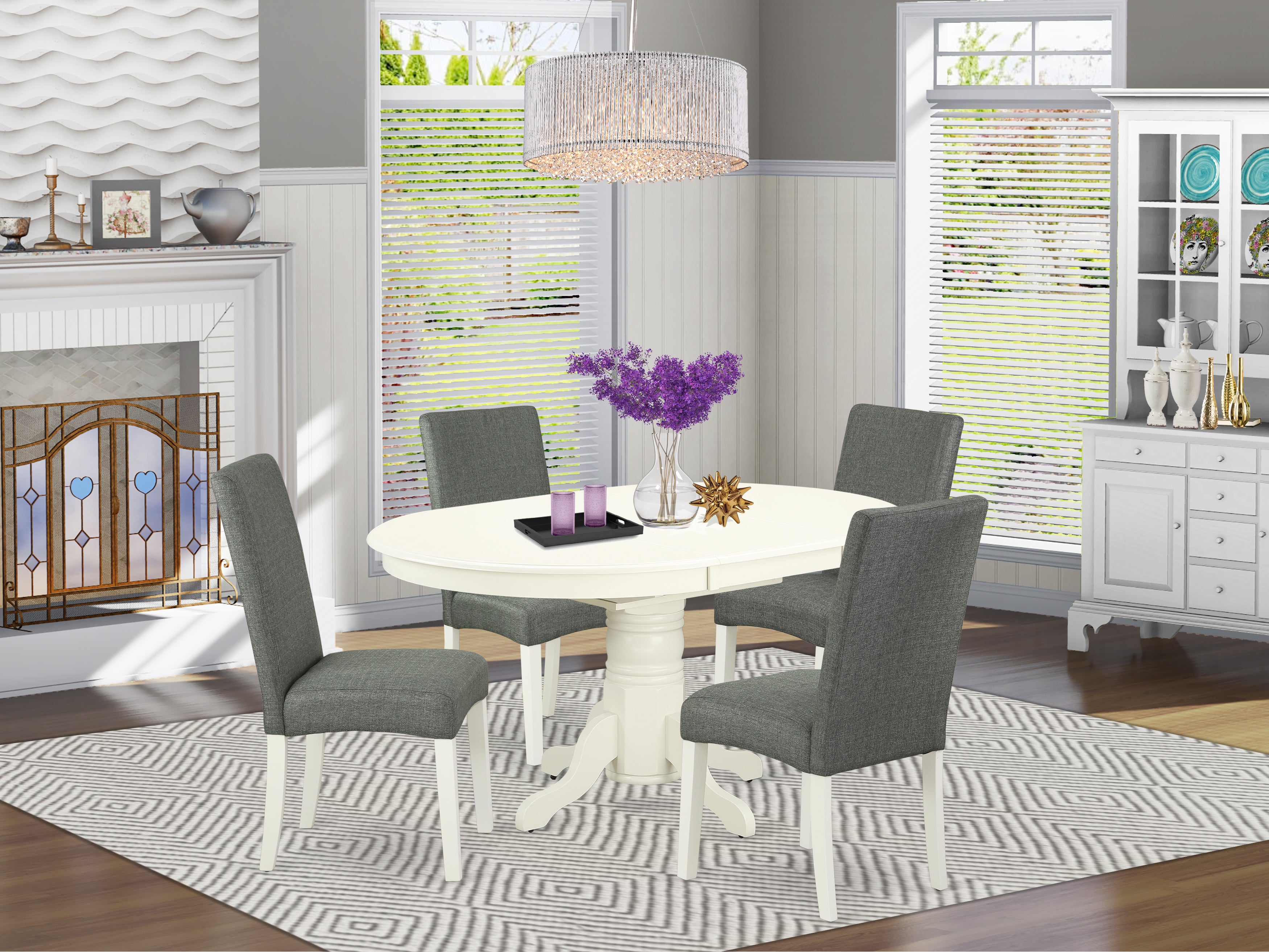 AVDR5-LWH-07 5Pc Oval 42/60" Table With 18 In Self Storing Butterfly Leaf And 4 Parson Chair With Linen White Finish Leg And Linen Fabric- Gray Color