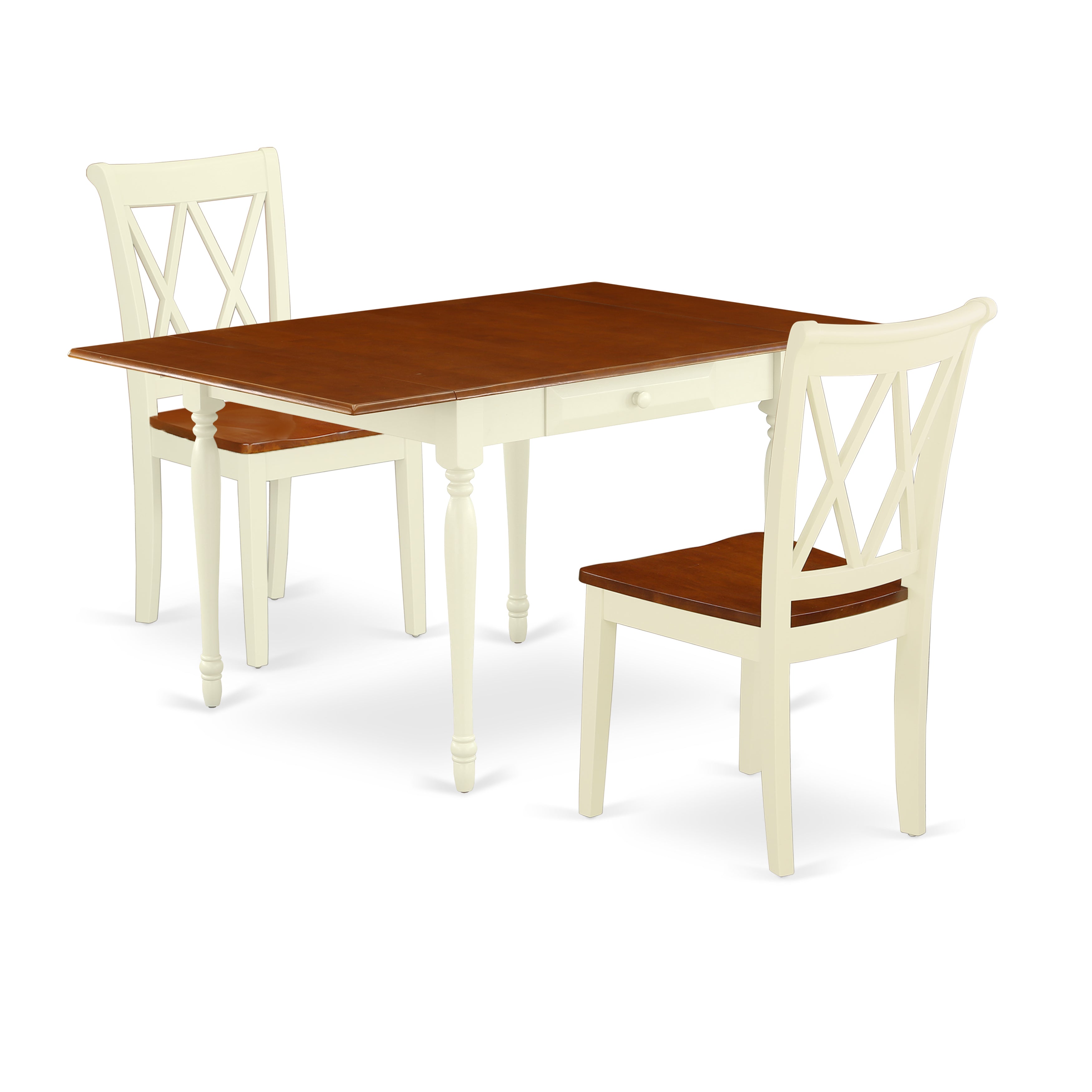East West Furniture MZCL3-WHI-W 3Pc Dinette Set Offers a Small Dining Table and 2 Wooden Dining Chairs with Wooden Seat, Drop Leaf Table with Double X Back Chairs, Buttermilk and Cherry Finish