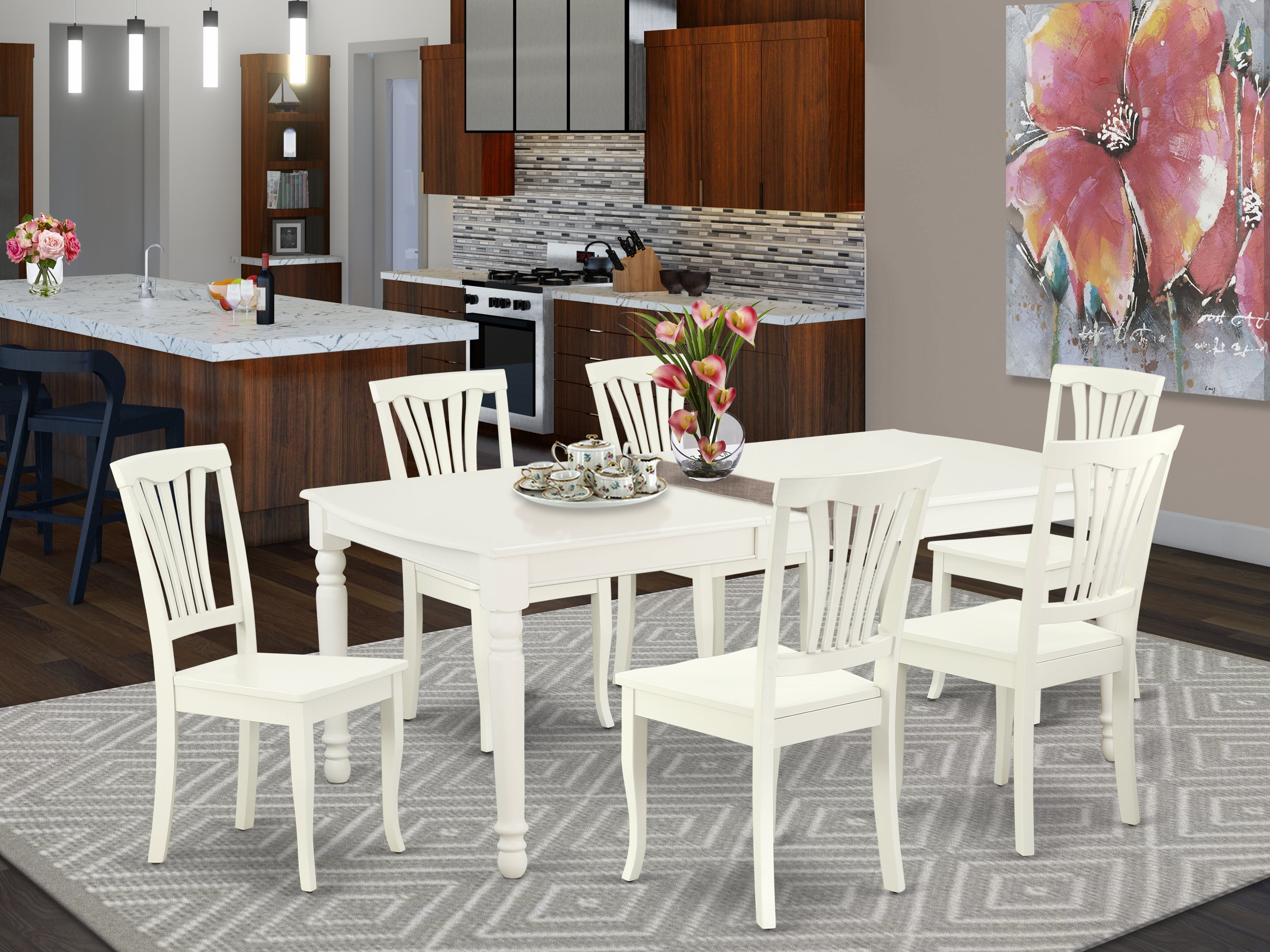 DOAV7-LWH-W 7PC Rectangular 60/78 inch Table with 18 In Leaf and 6 vertical slatted Chairs