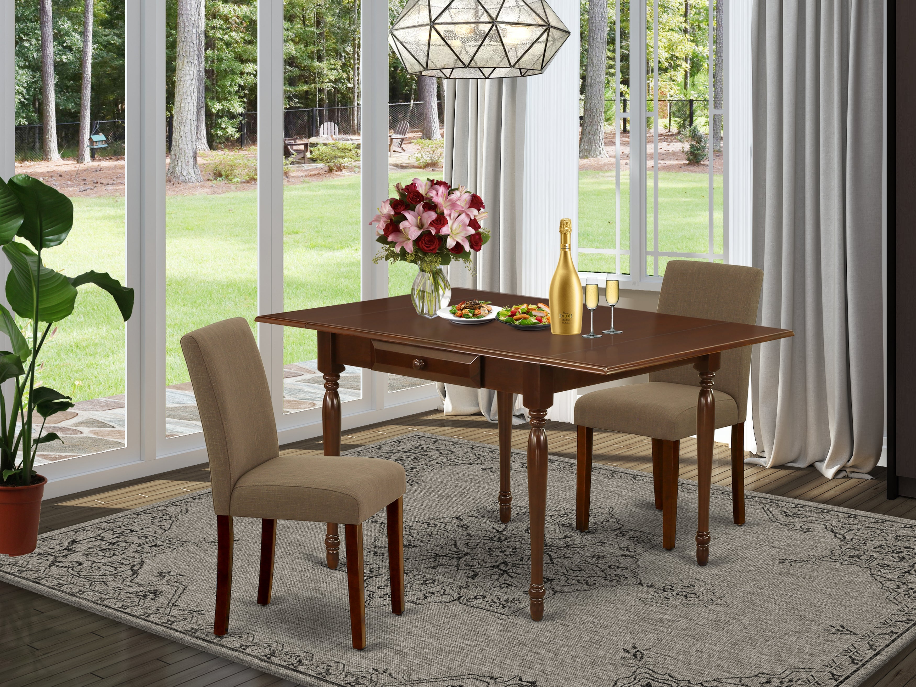 East West Furniture MZAB3-MAH-18 3Pc Dining Table Set Includes a Dining Table and 2 Parson Chairs with Coffee Color Linen Fabric, Drop Leaf Table with Full Back Chairs, Mahogany Finish