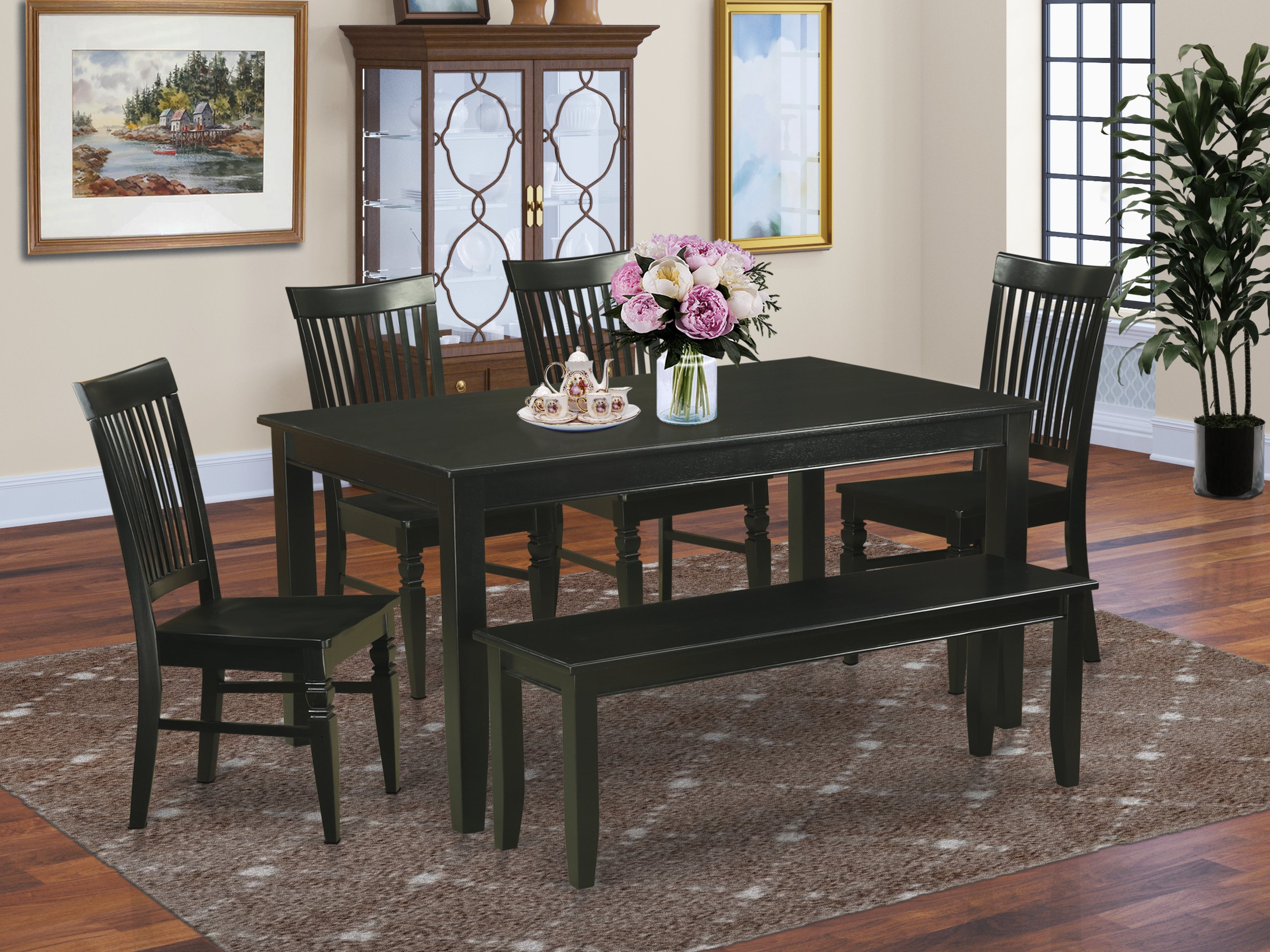 DUWE6-BLK-W 6 Pc Kitchen Table set - Table and 4 Kitchen Chairs coupled with Bench