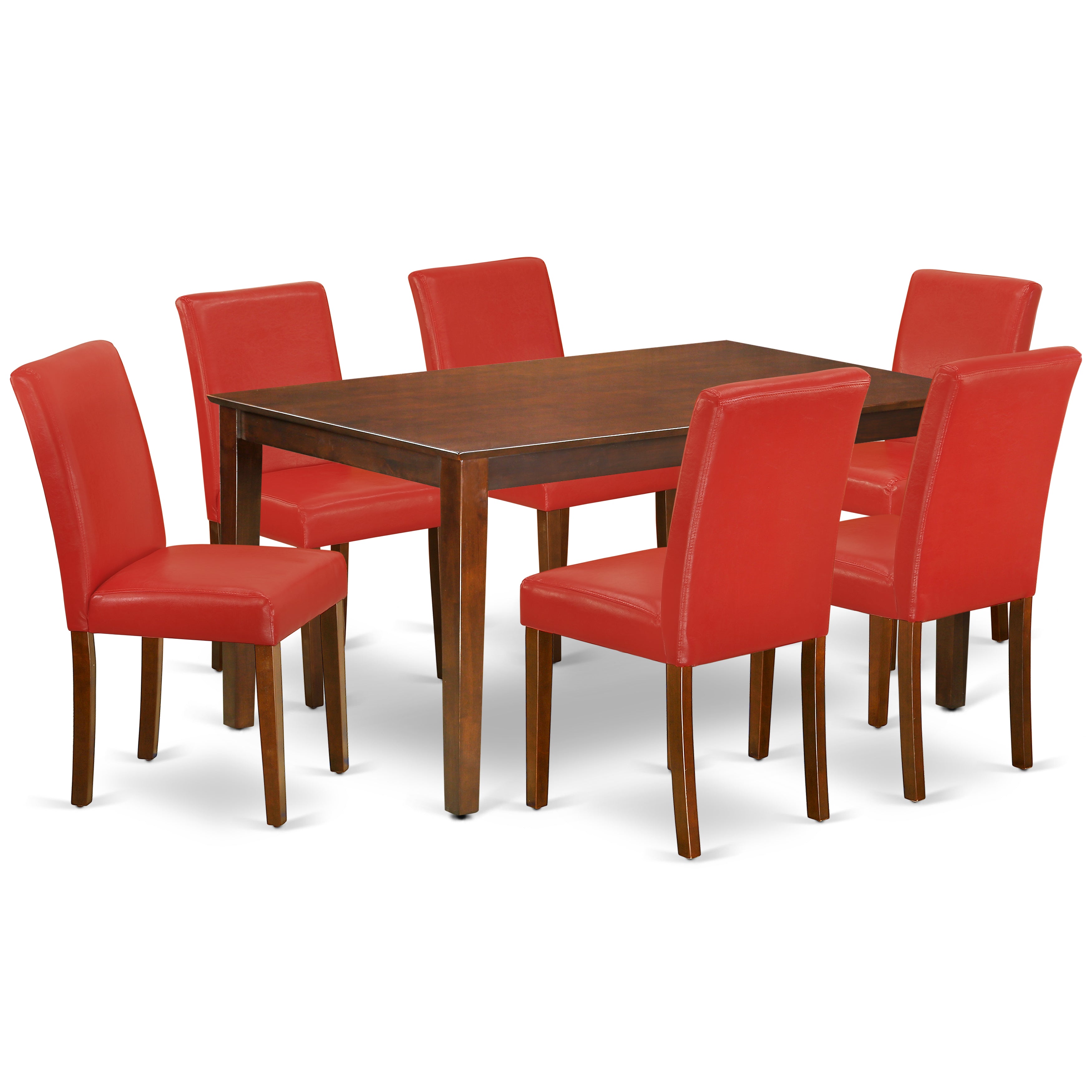 CAAB7-MAH-72 7Pc Rectangle 60" Dining Table And 6 Parson Chair With Mahogany Leg And Pu Leather Color Firebrick Red