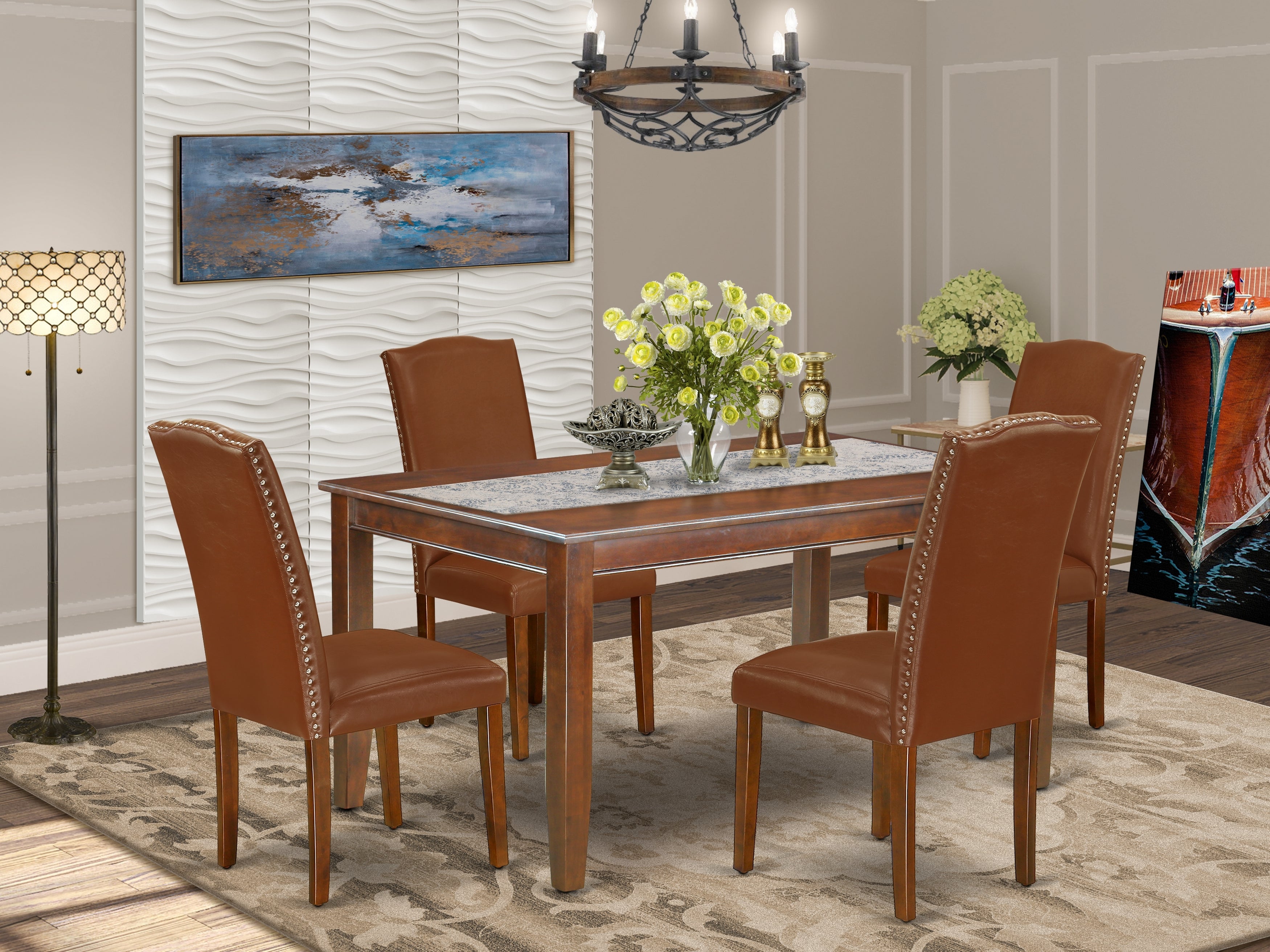 DUEN5-MAH-66 5Pc Rectangle 60 Inch Dining Table And Four Parson Chair With Mahogany Leg And Brown Flaux Leather