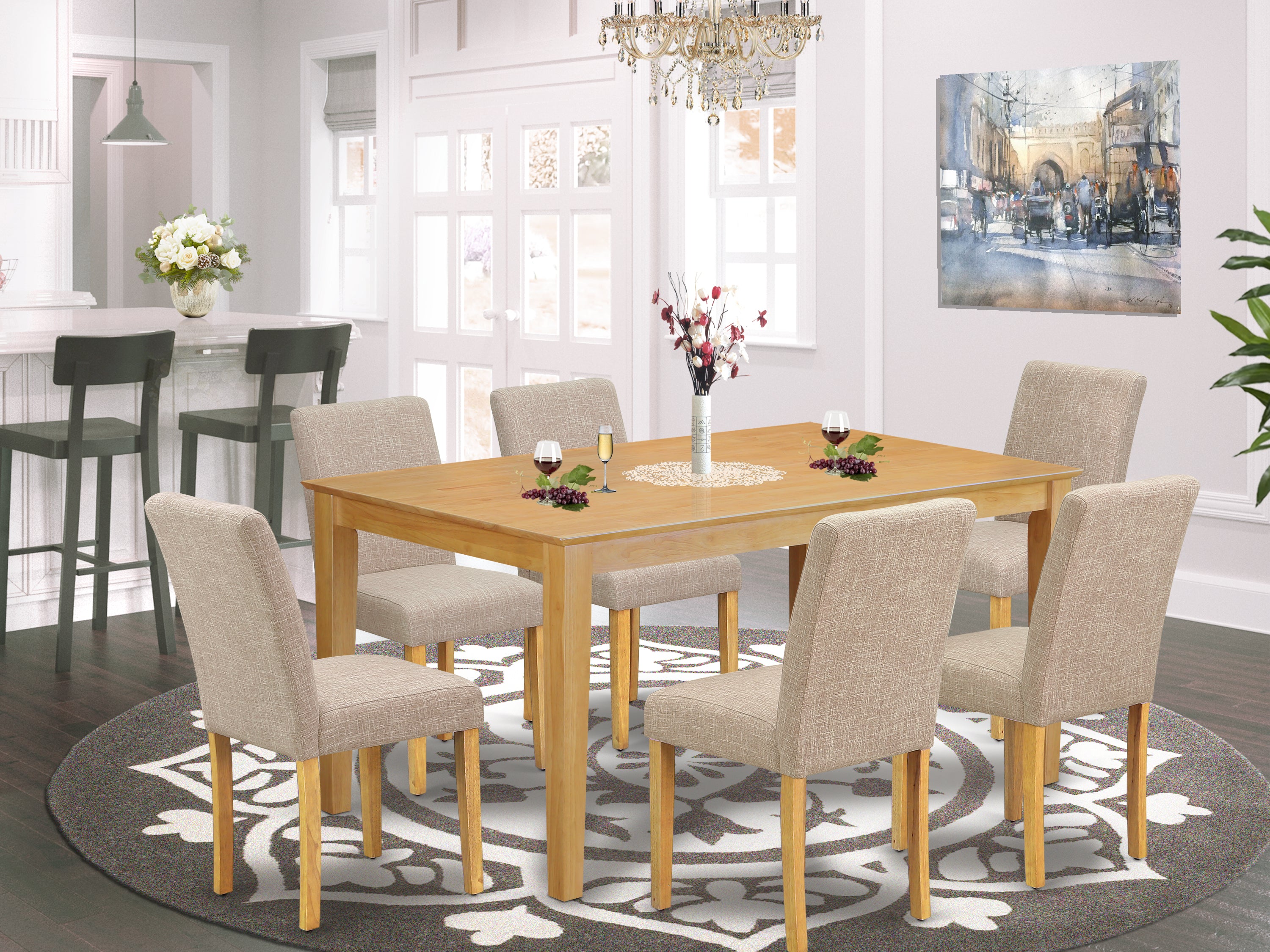 CAAB7-OAK-04 7Pc Rectangle 60" Dining Table And 6 Parson Chair With Oak Leg And Linen Fabric Light Fawn