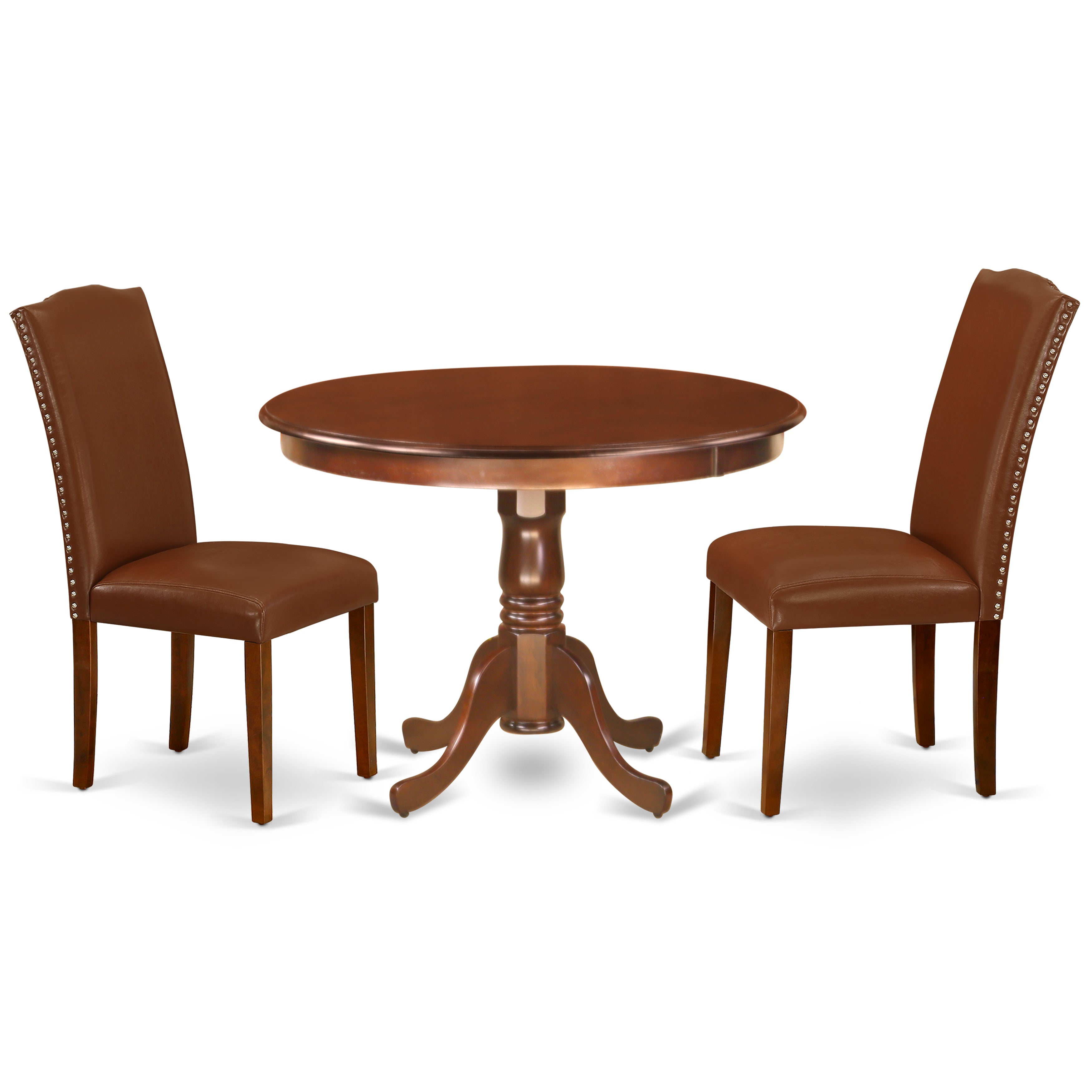 HLEN3-MAH-66 3Pc Rounded 42 Inch Dining Room Table And 2 Parson Chair With Mahogany Leg And Brown Flaux Leather