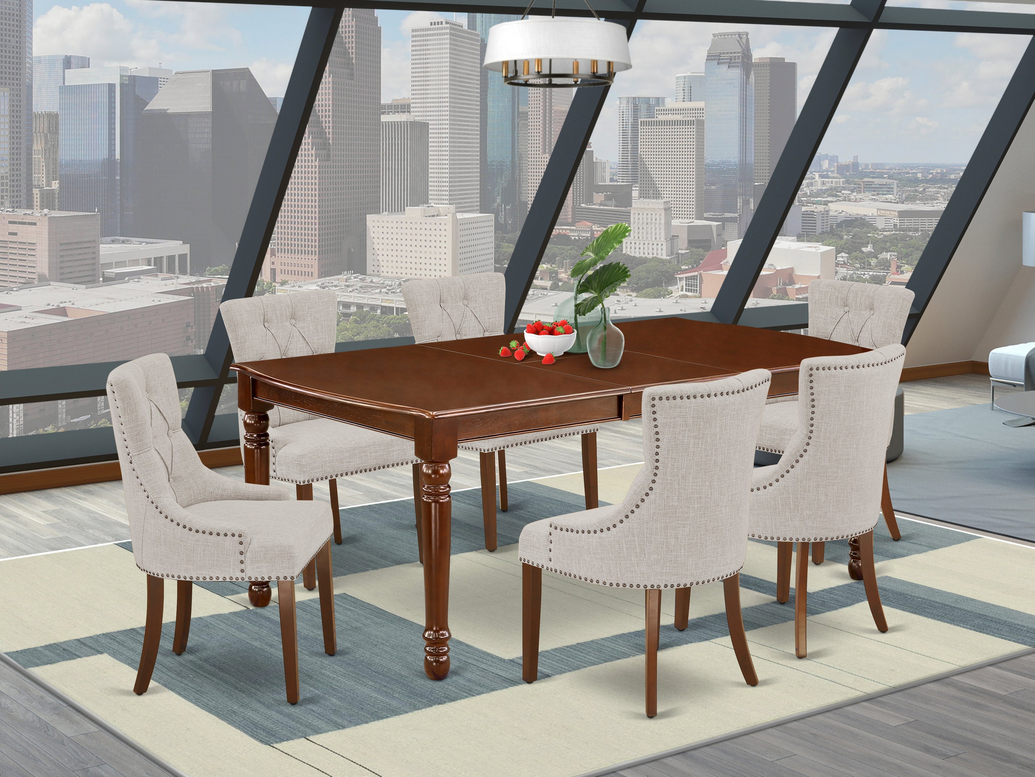 DOFR7-MAH-05 7Pc Dinette Set Includes a Rectangular Kitchen Table with Butterfly Leaf and Six Parson Chairs with Doeskin Fabric, Mahogany Finish