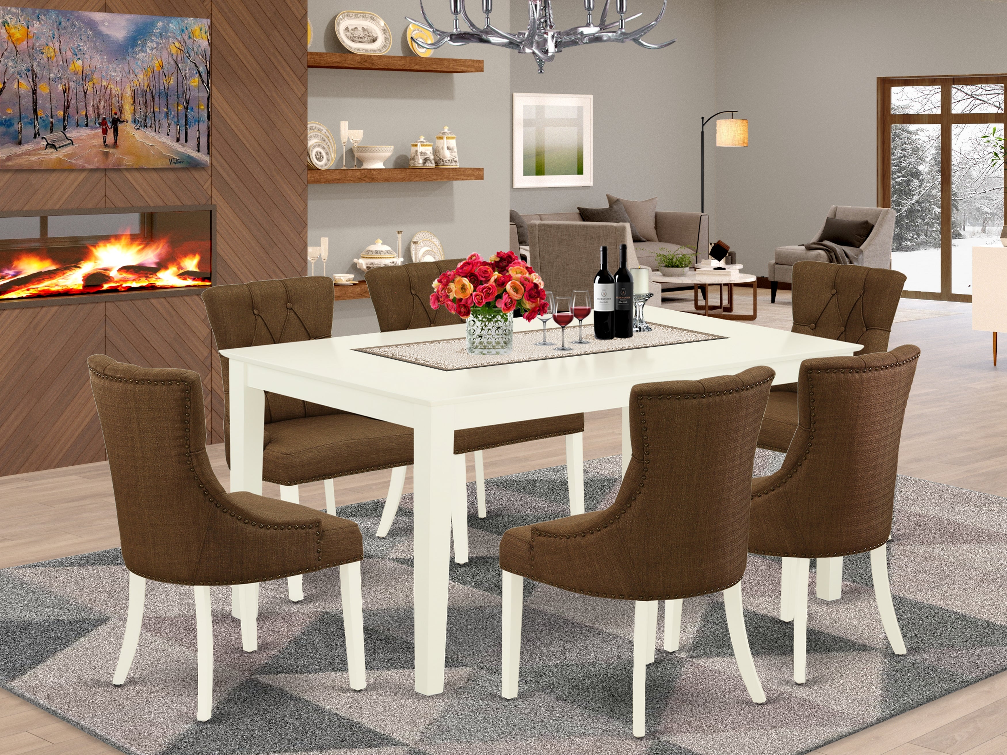 CAFR7-LWH-18 7Pc Dinette Set Includes a Rectangular Kitchen Table and Six Parson Chairs with Dark Coffee Fabric, Linen White Finish