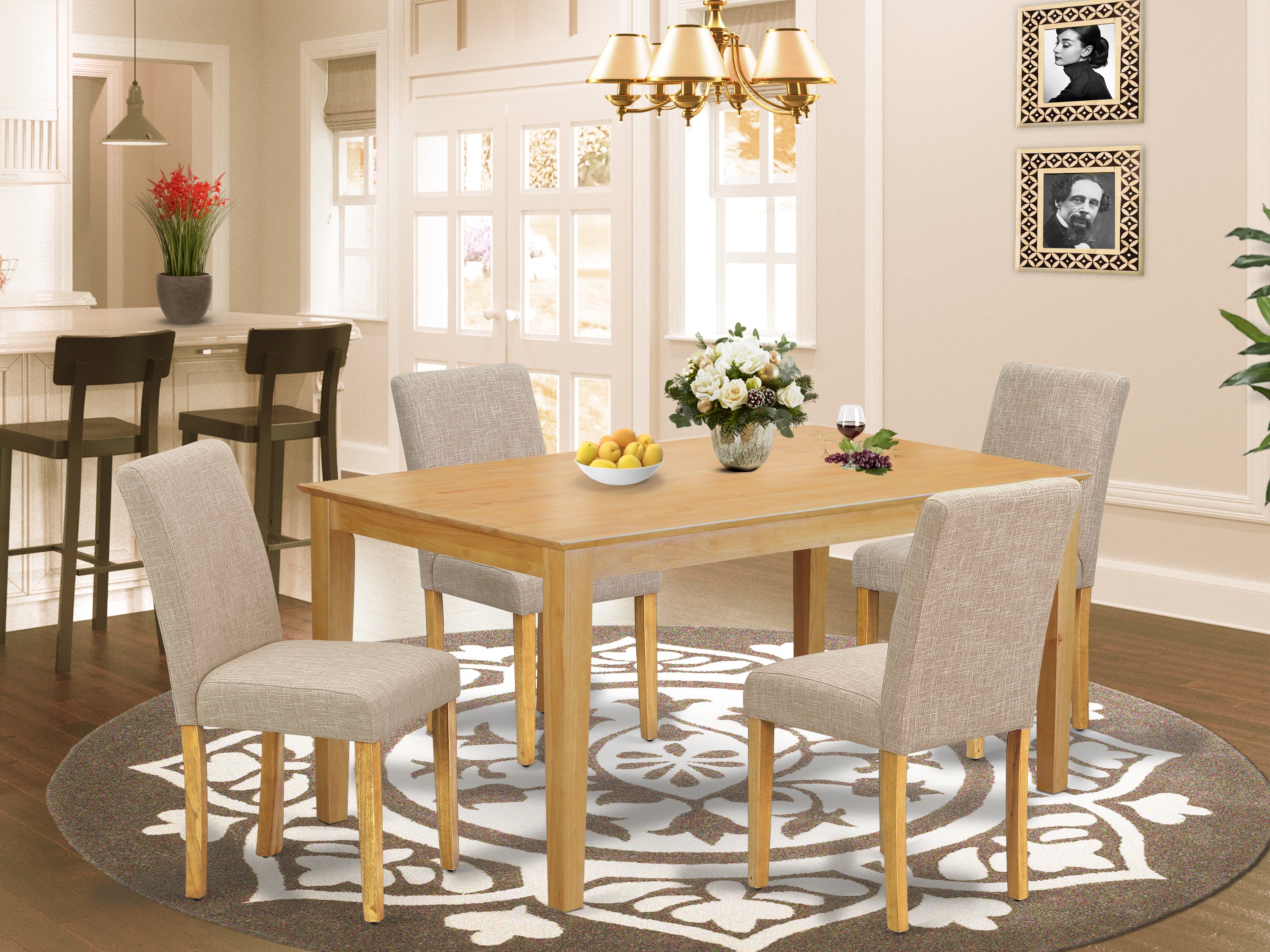 CAAB5-OAK-04 5Pc Rectangle 60" Dining Room Table And 4 Parson Chair With Oak Leg And Linen Fabric Light Fawn