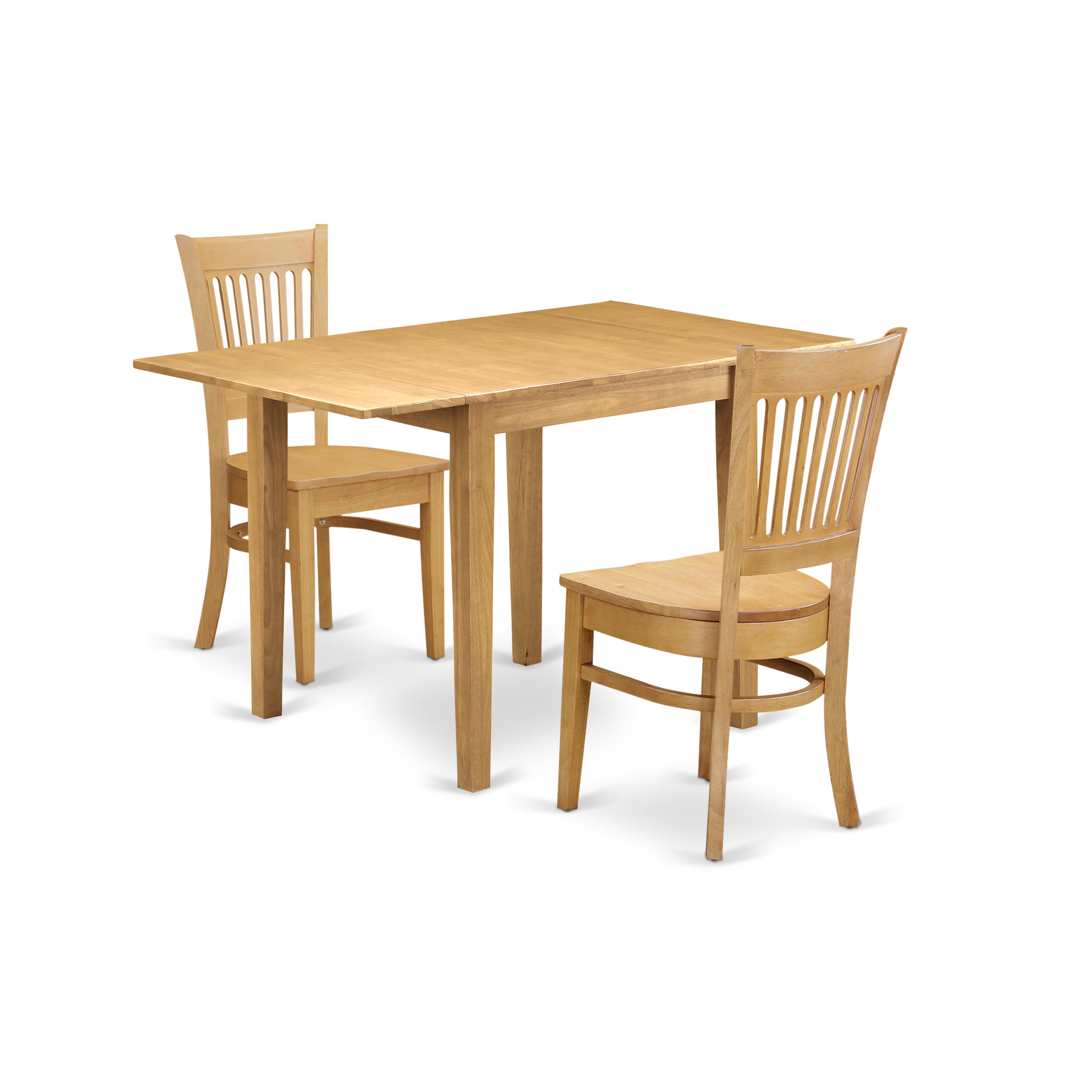 East West Furniture NDVA3-OAK-W, 3Pc Dinette Set Features a Rectangular Table and 2 Dining Room Chair with Solid Wood Seat and Slat Back, Oak Finish