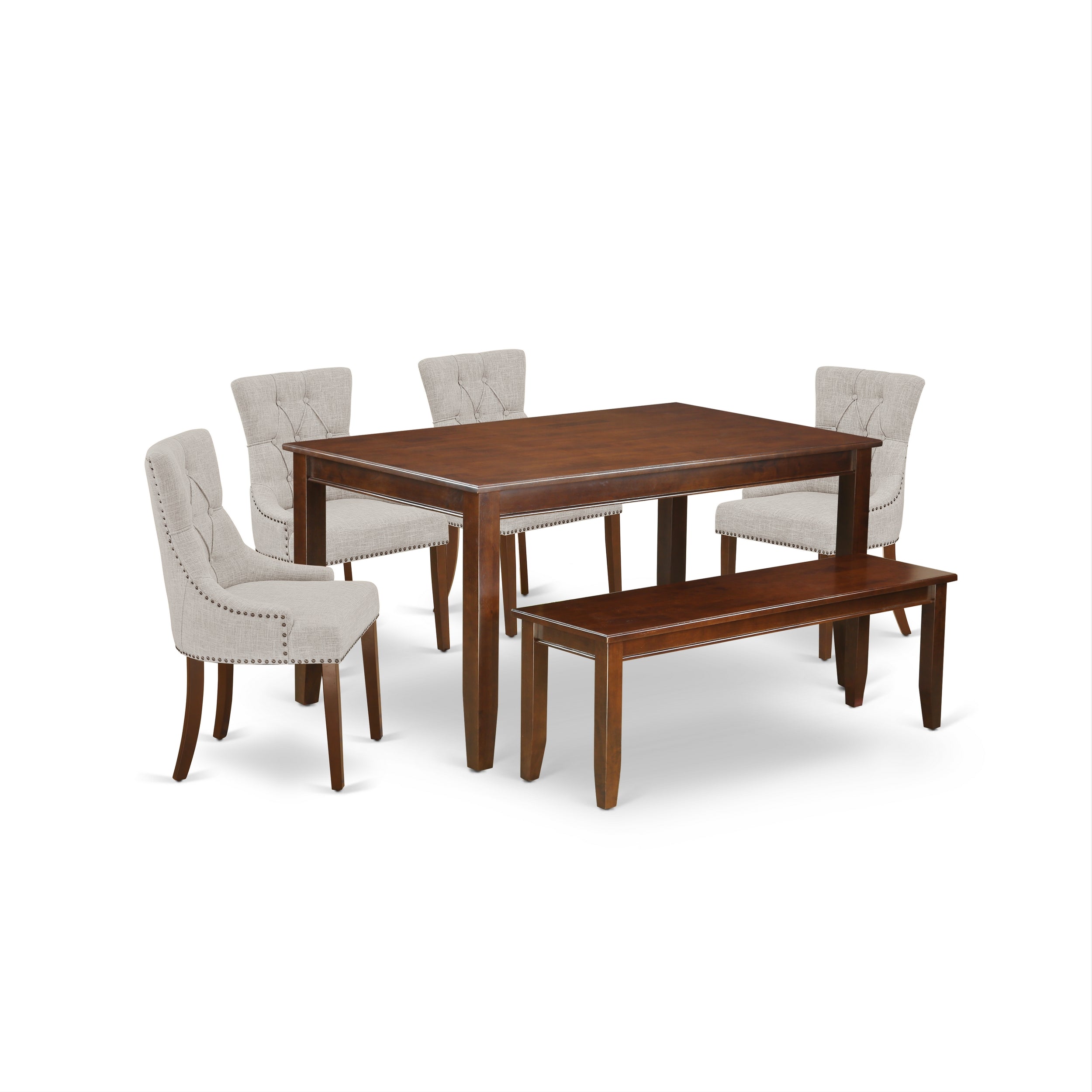 DUFR6-MAH-05 6Pc Dining Set Includes a Rectangle Dining Table, Four Parson Chairs with Doeskin Fabric and a Bench, Mahogany Finish