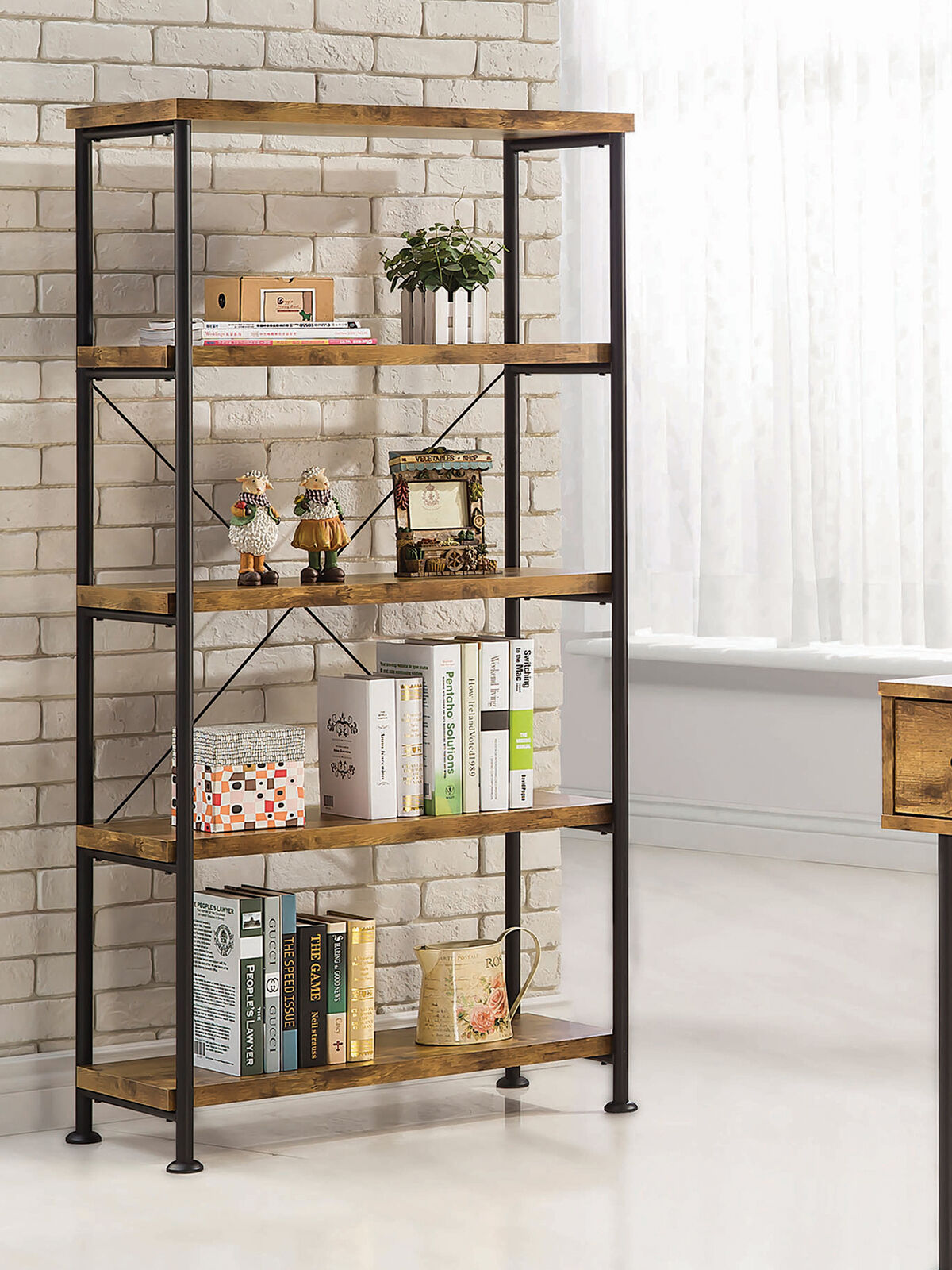 Analiese Wood And Metal 4-Shelf Open Bookcase Antique Nutmeg And Black 801542