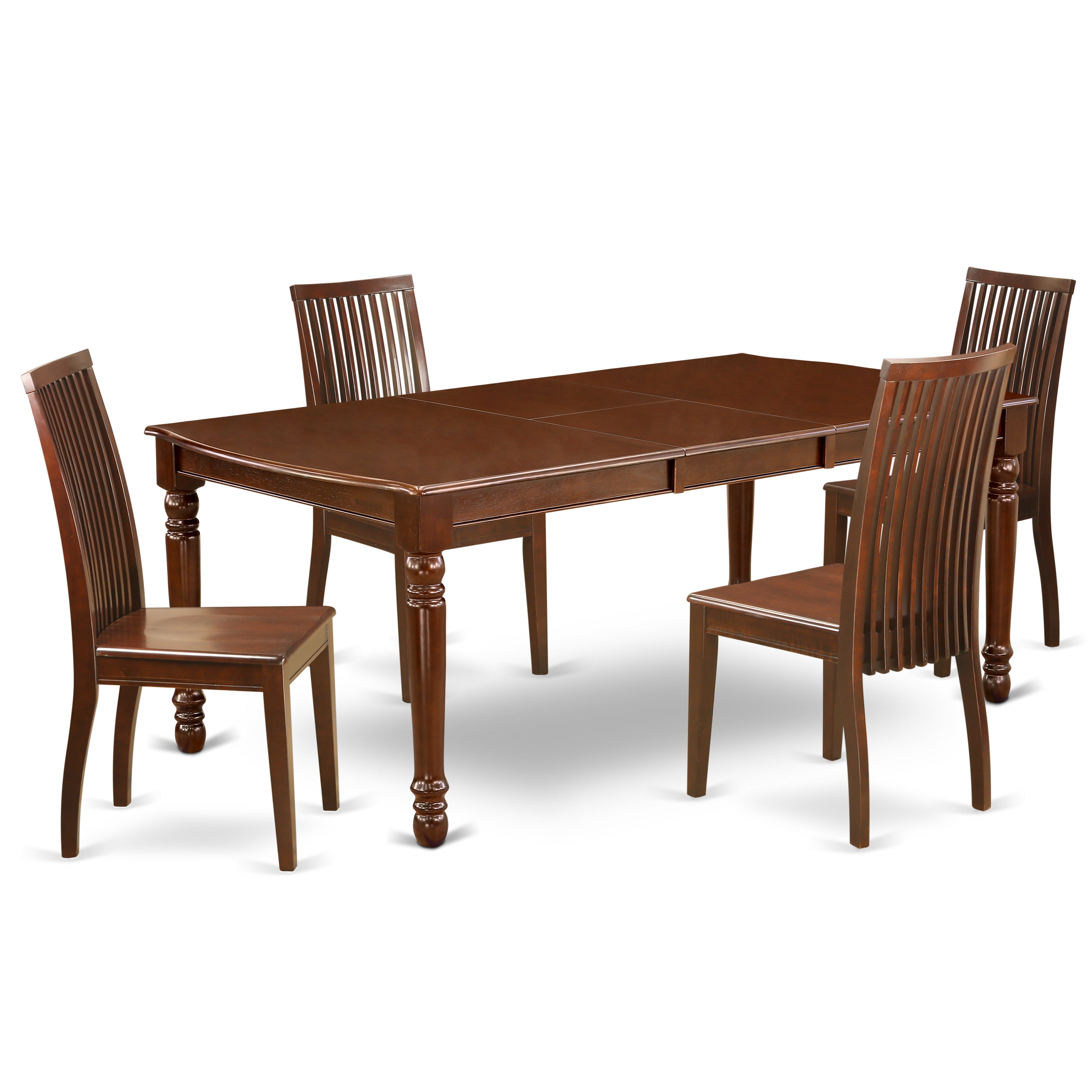DOIP5-MAH-W 5Pc Rectangle 60/78 Inch Dining Room Table With 18 In Self Storing Butterfly Leaf And 4 Wood Seat Dining Chairs