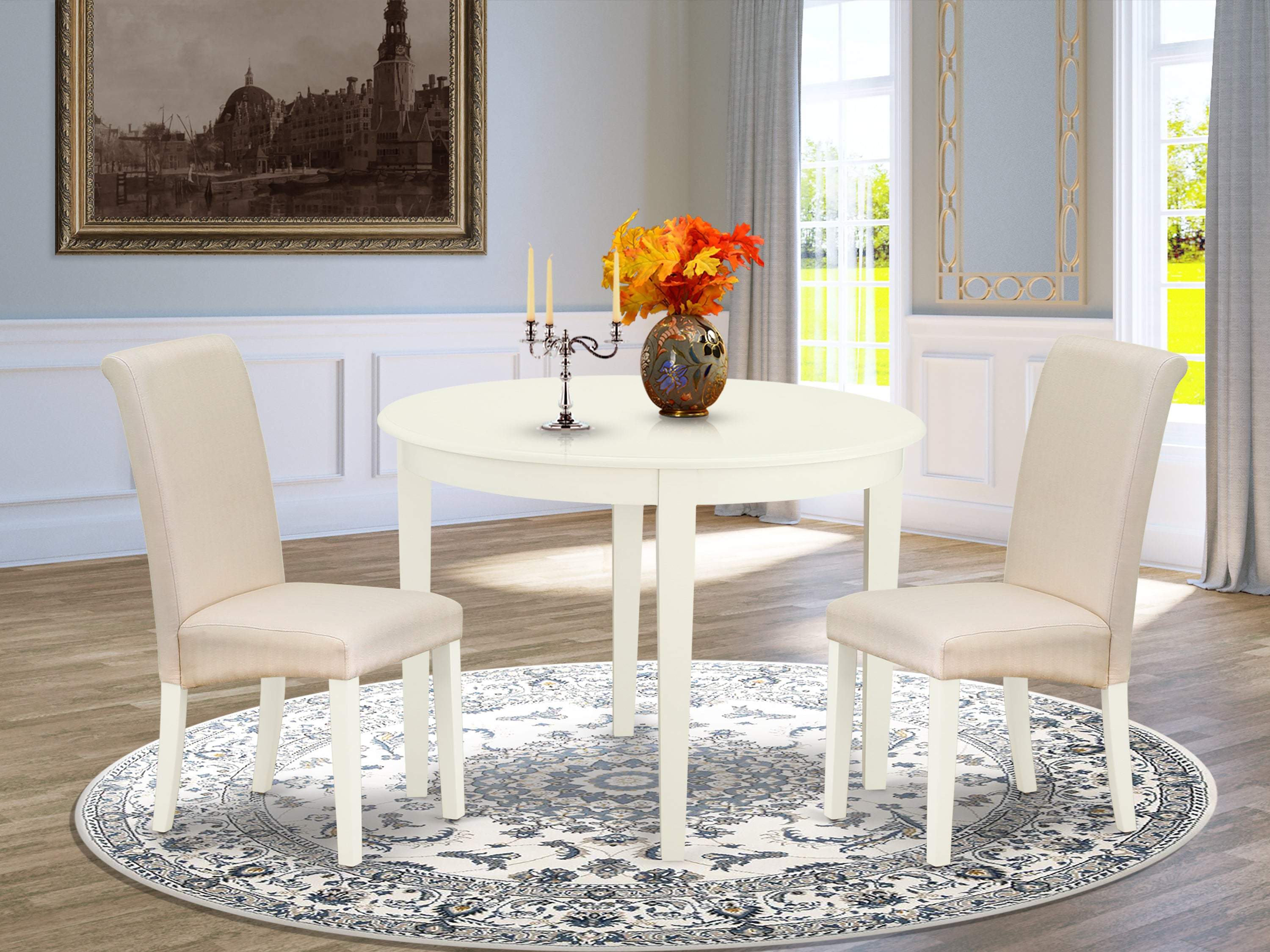 BOBA3-WHI-01 3Pc Dinette Set Includes a Small Rounded Kitchen Table and Two Parson Chairs with Cream Fabric, White Finish