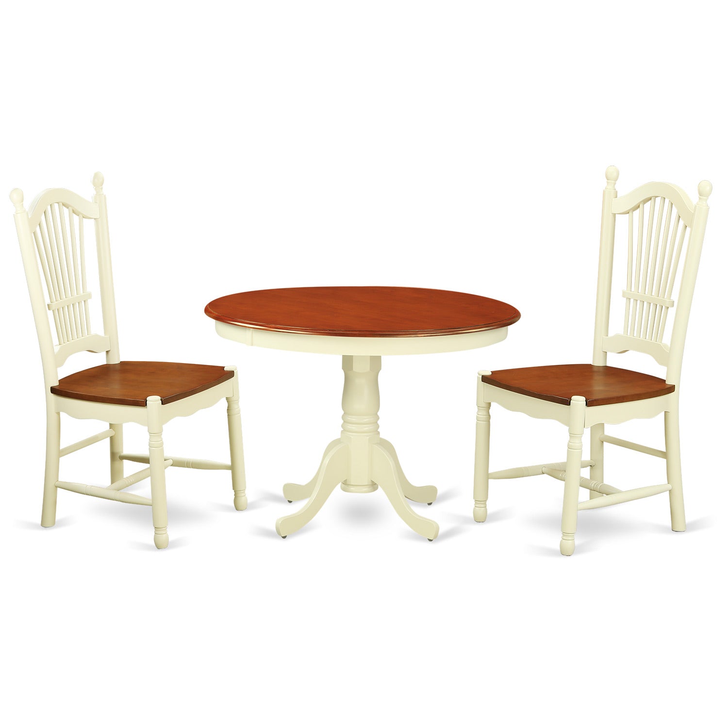 HLDO3-BMK-W 3 Pc set with a Round Small Table and 2 Leather Kitchen Chairs in Buttermilk and Cherry .