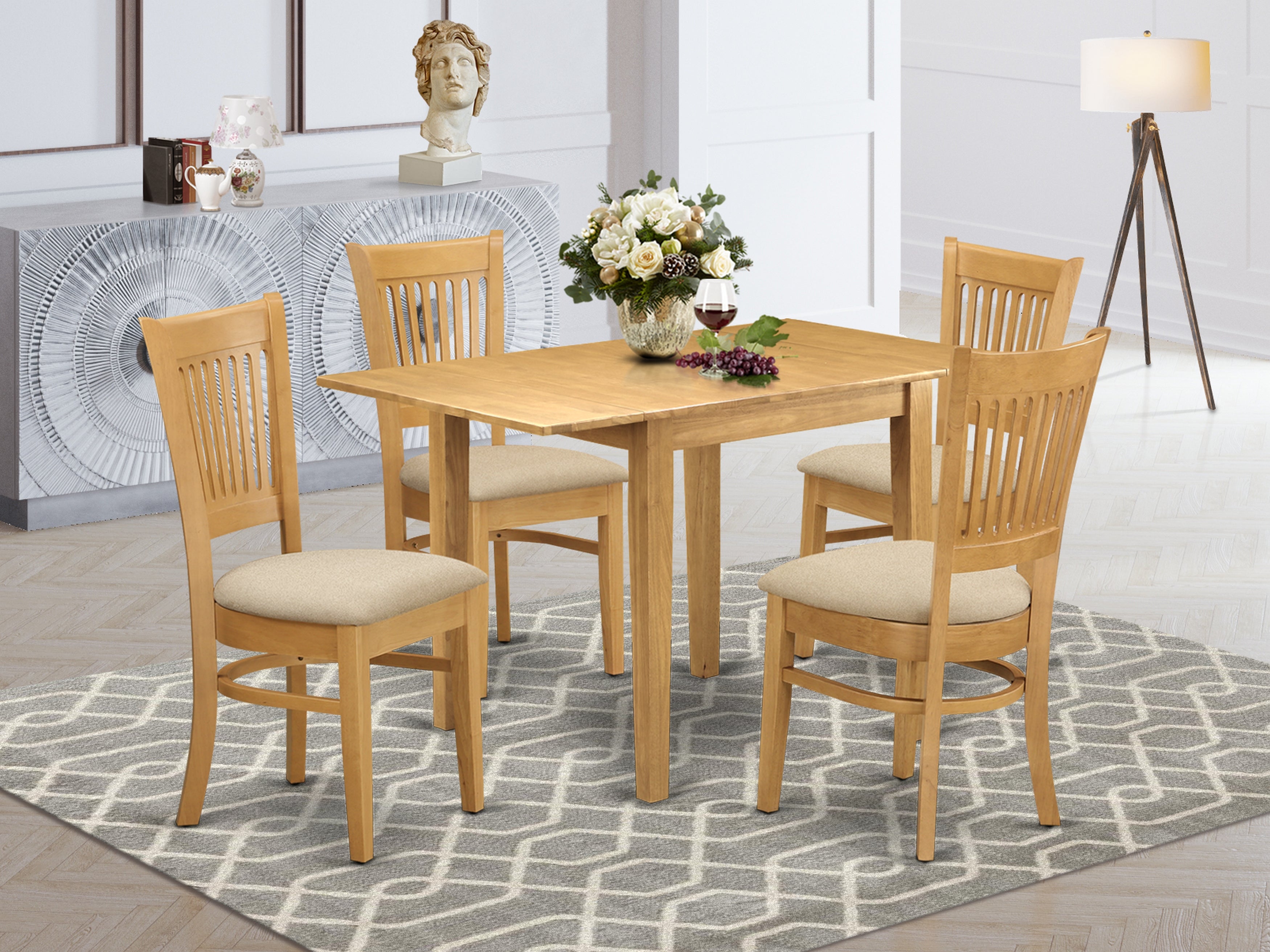 East West Furniture NDVA5-OAK-C, 5Pc Dinette Set for Small Spaces Includes a Dining Room Table and 4 Dinette Chairs with Microfiber Upholstery Seat and Slat Back, Oak Finish