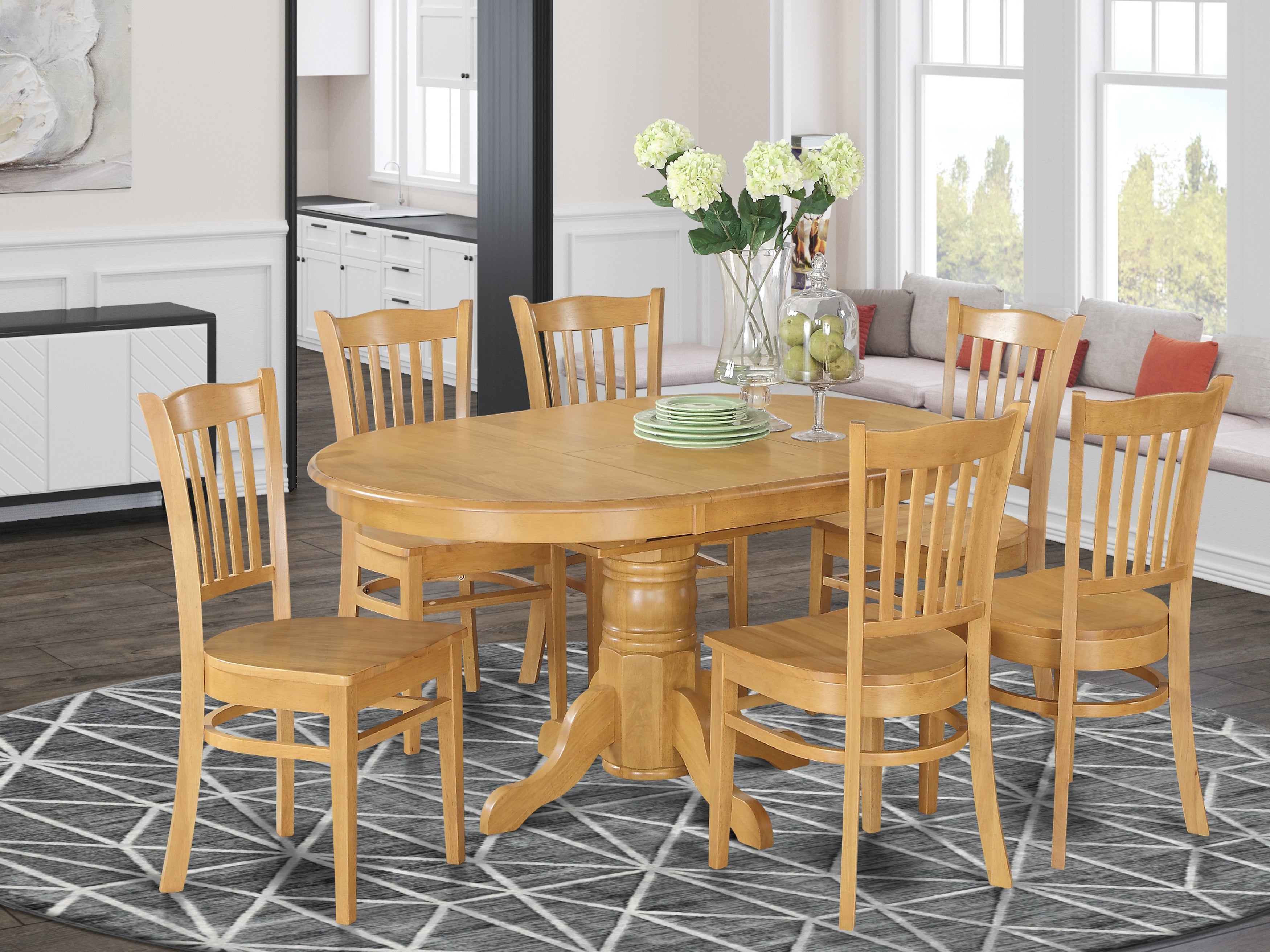 AVGR7-OAK-W 7 Pc formal Dining room set- Oval dinette Table with Leaf and 6 Dining Chairs.