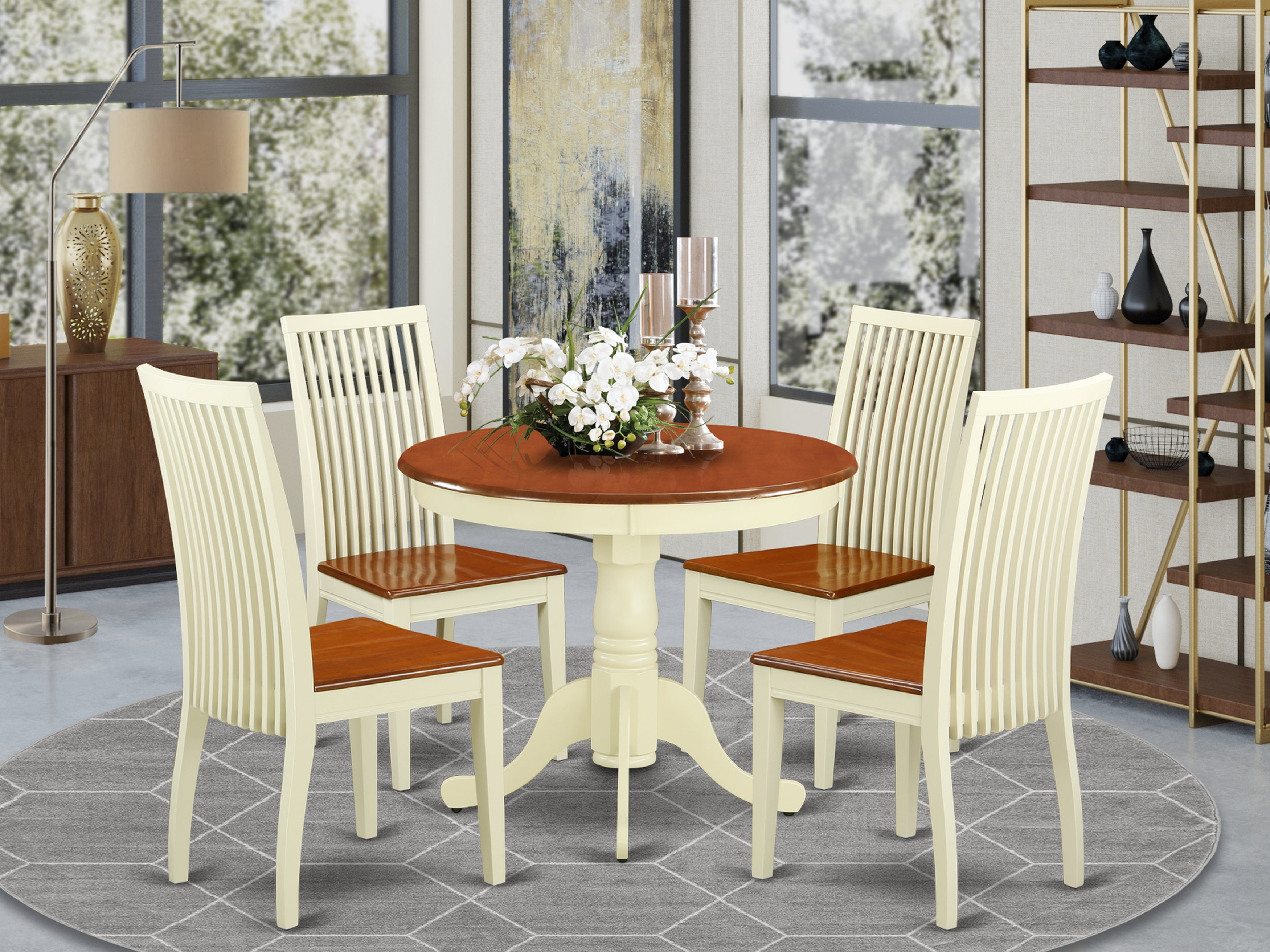 ANIP5-BMK-W 5 Pc Dining set with a Kitchen Table and 4 Wood Seat Kitchen Chairs in Buttermilk and Cherry