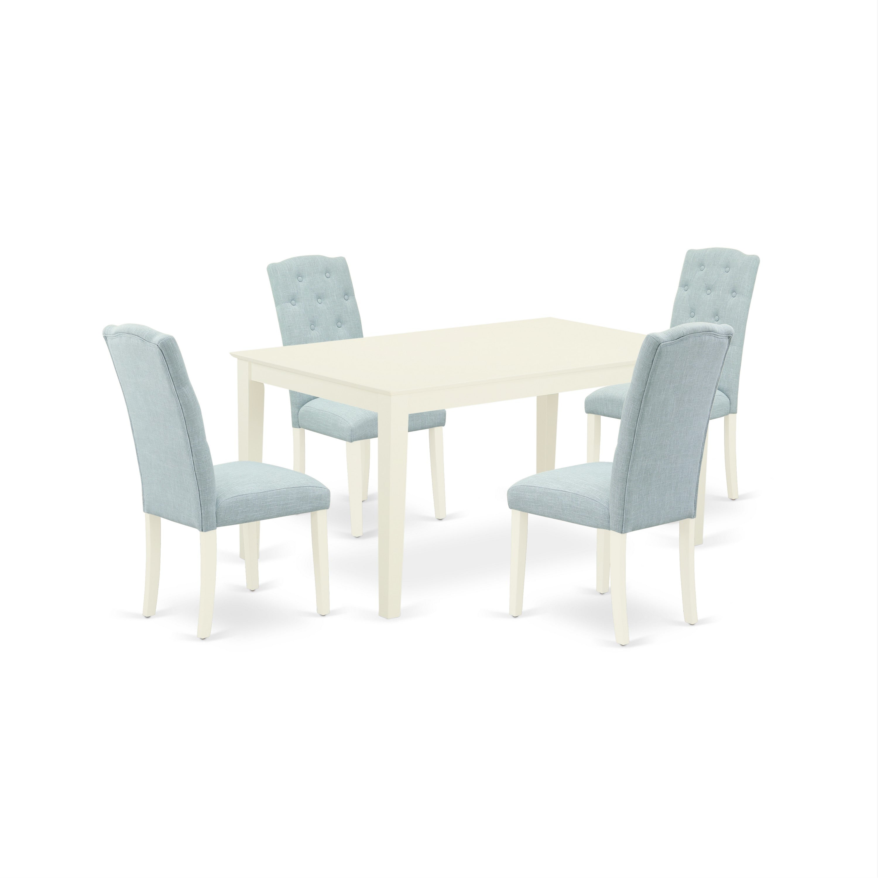 CACE5-LWH-15 5Pc Dining Set Includes a Rectangle Dinette Table and Four Parson Chairs with Baby Blue Fabric, Linen White Finish