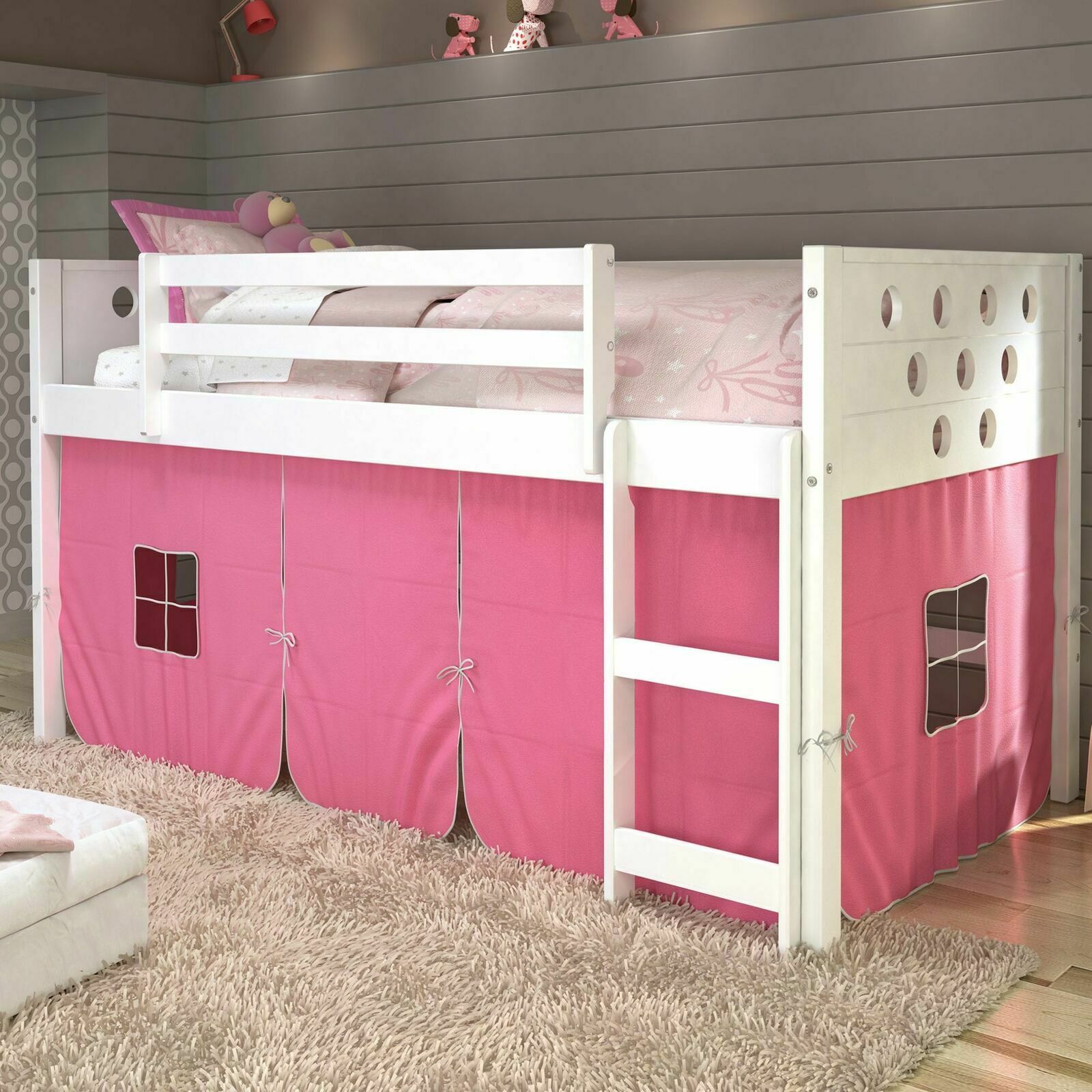 Donco Kids Circles White Low Loft Twin Bunk Bed With Pink Tent