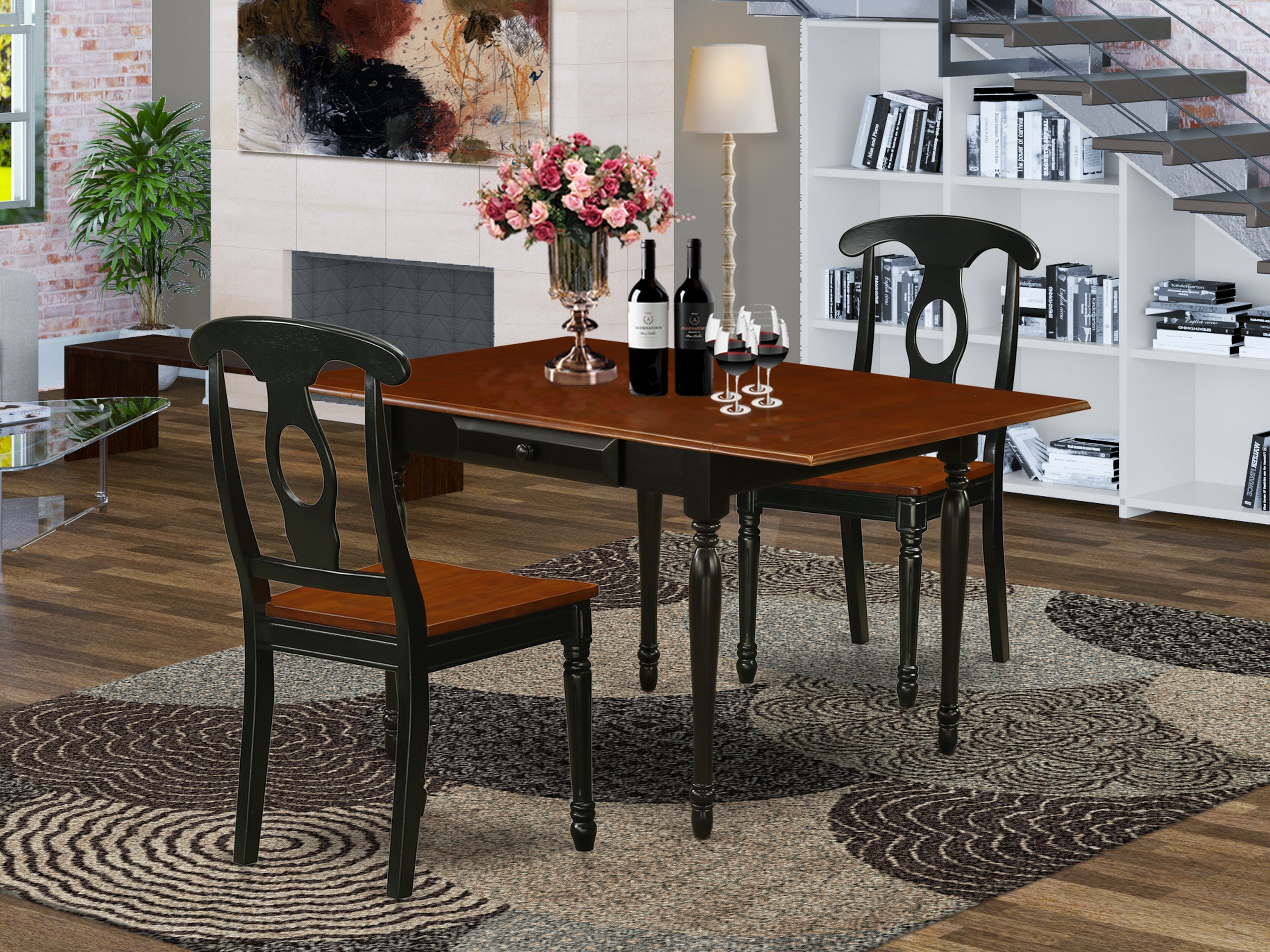 East West Furniture MZKE3-BCH-W 3 Pieces Kitchen Dining Table set - Heavy Two 9-Inch Drop Down Leaves Wooden Dining Table and 2 Solid Wood Seat Wood Dining Chairs, Black and Cherry Finish