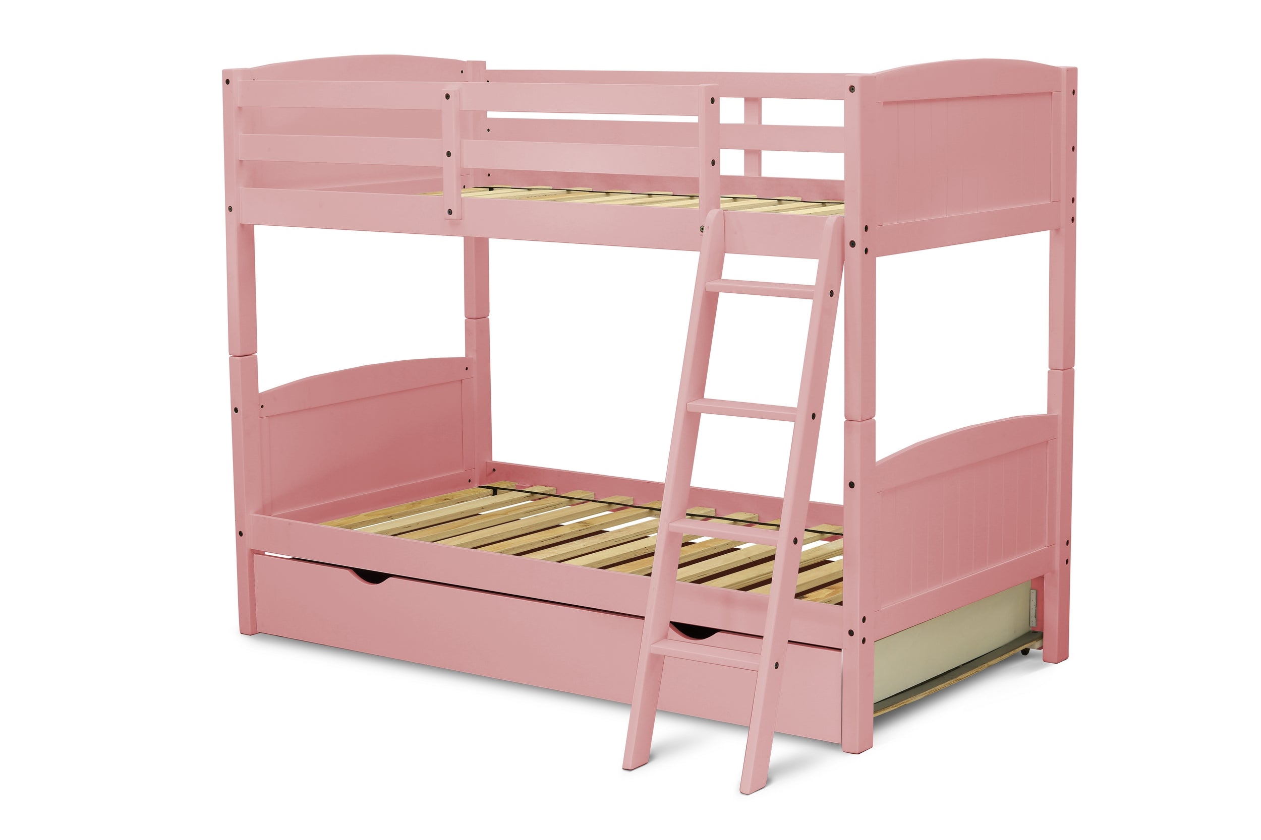 East West Furniture Albury Twin Bunk Bed in Pink Finish with Convertible Trundle & Drawer