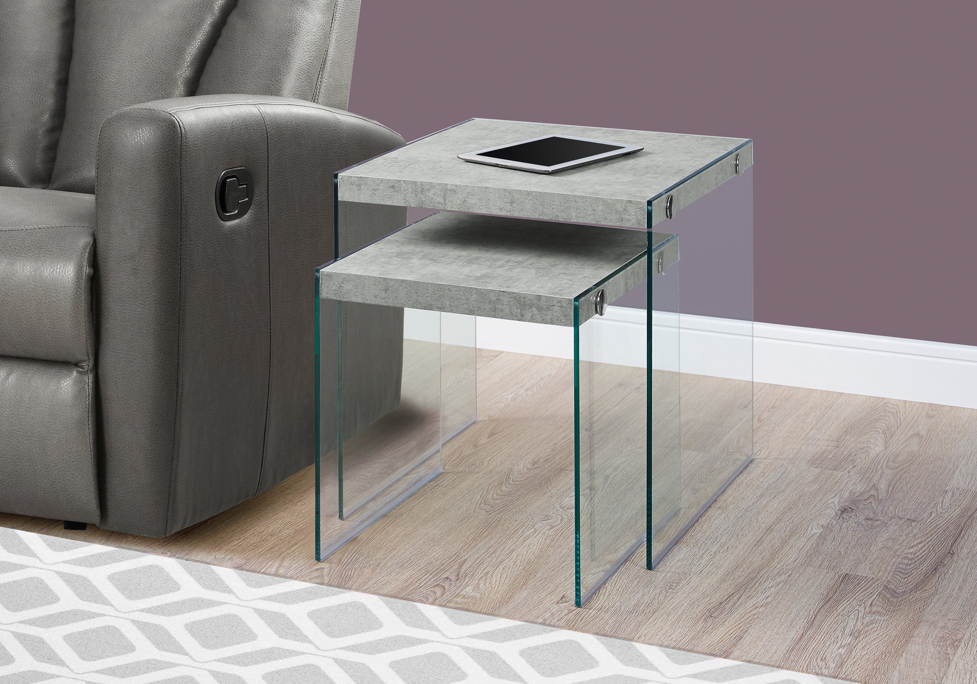NESTING TABLE - 2PCS SET / GREY CEMENT / TEMPERED GLASS