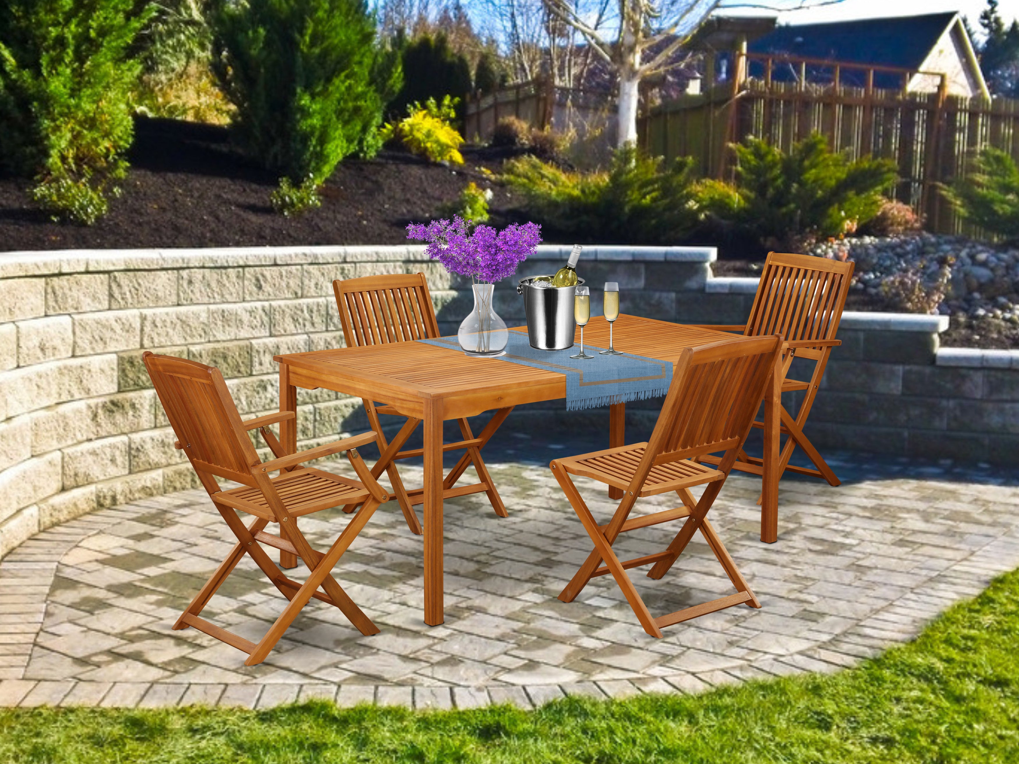 CMCM52CANA This 5 Piece Acacia Hardwood Outside patio Dining Sets includes one Outdoor-Furniture table and 2 side foldable Outdoor-Furniture chairs and Two arm foldable chairs