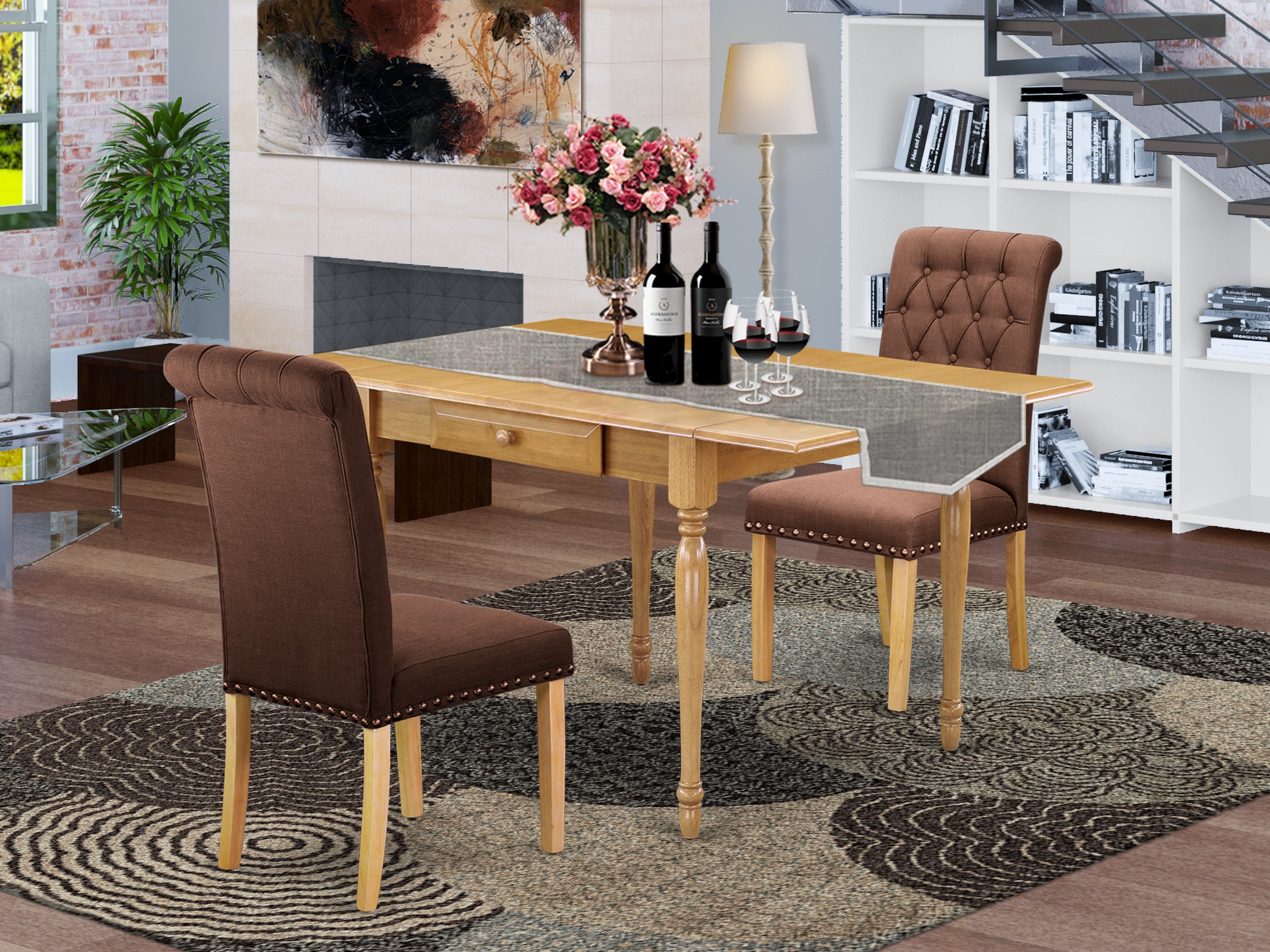 East West Furniture MZBR3-OAK-19 3Pc Dinette Sets for Small Spaces Consists of a Modern Dining Table and 2 Parson Dining Chairs with Chocolate Color Linen Fabric, Drop Leaf Table with Full Back Chairs, Oak Finish