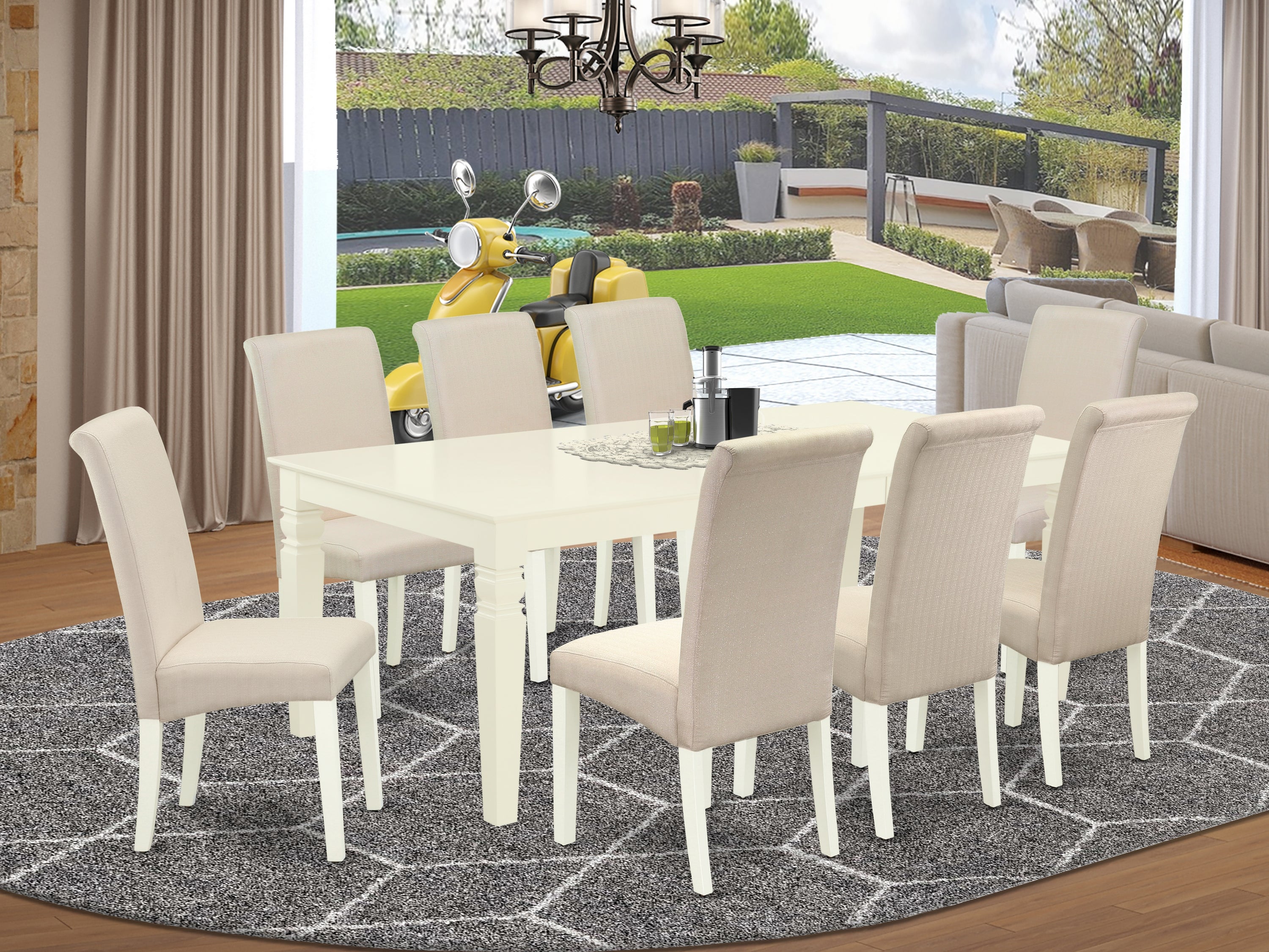 LGBA9-LWH-01 9Pc Dining Set Includes a Rectangle Dining Table with Butterfly Leaf and Eight Parson Chairs with Cream Fabric, Linen White Finish