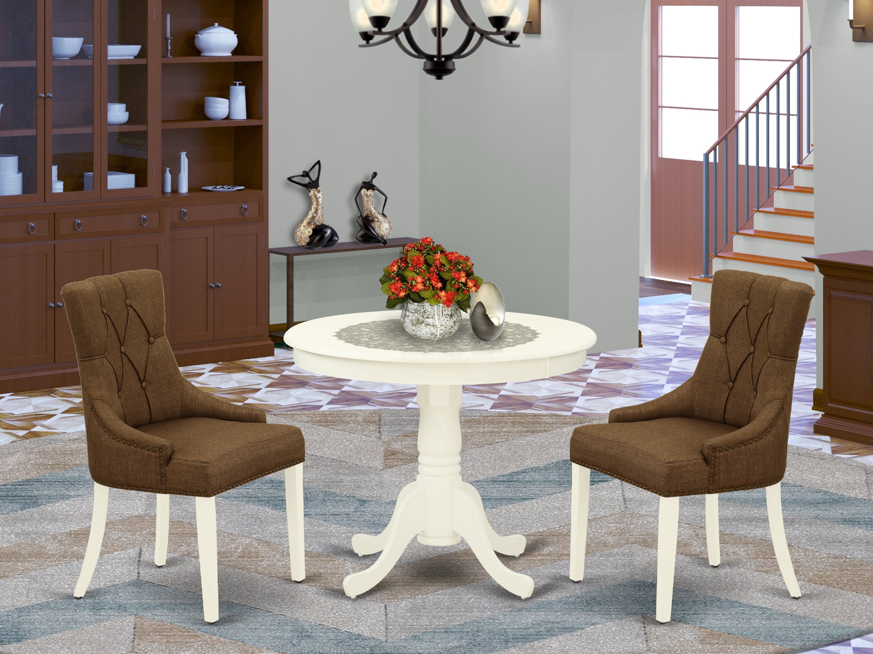 ANFR3-LWH-18 3Pc Dinette Set Includes a Small Rounded Kitchen Table and Two Parson Chairs with Dark Coffee Fabric, Linen White Finish