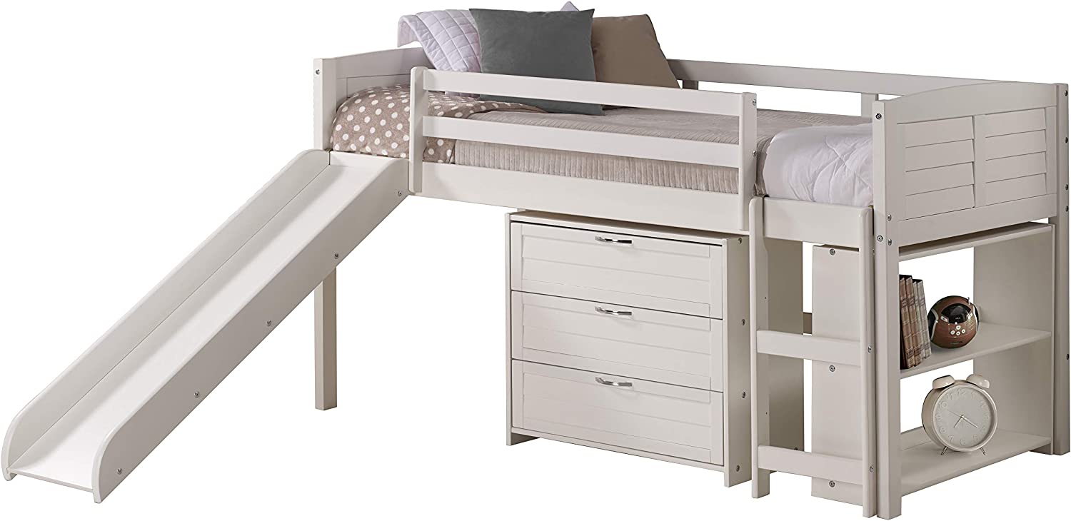 Twin Size Louver Low Loft in White with Slide, Drawer Chest & Bookcase